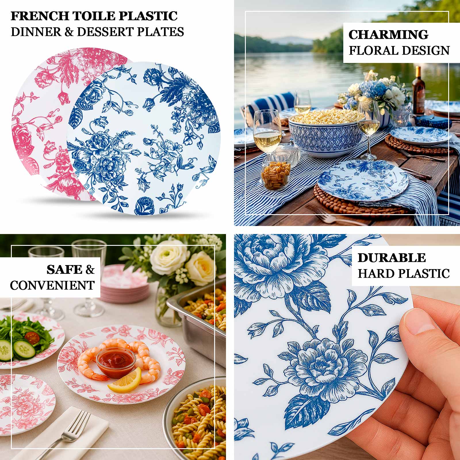10-Pack French Toile Plastic Dessert Plates – Pink & White Floral, 7" Round Disposable Salad Plates - Image 3