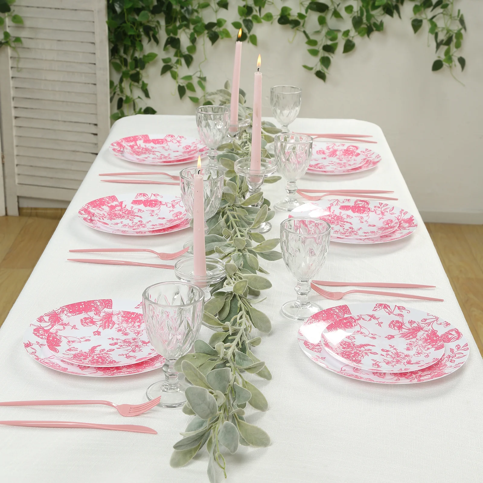 10-Pack French Toile Plastic Dessert Plates – Pink & White Floral, 7" Round Disposable Salad Plates - Image 6