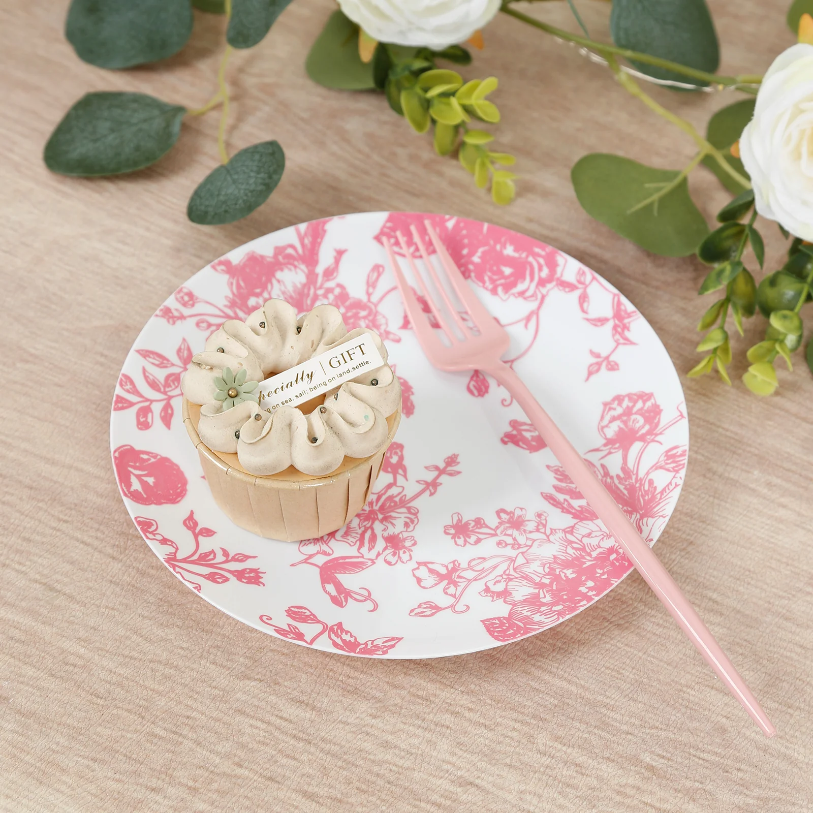 10-Pack French Toile Plastic Dessert Plates – Pink & White Floral, 7" Round Disposable Salad Plates - Image 7