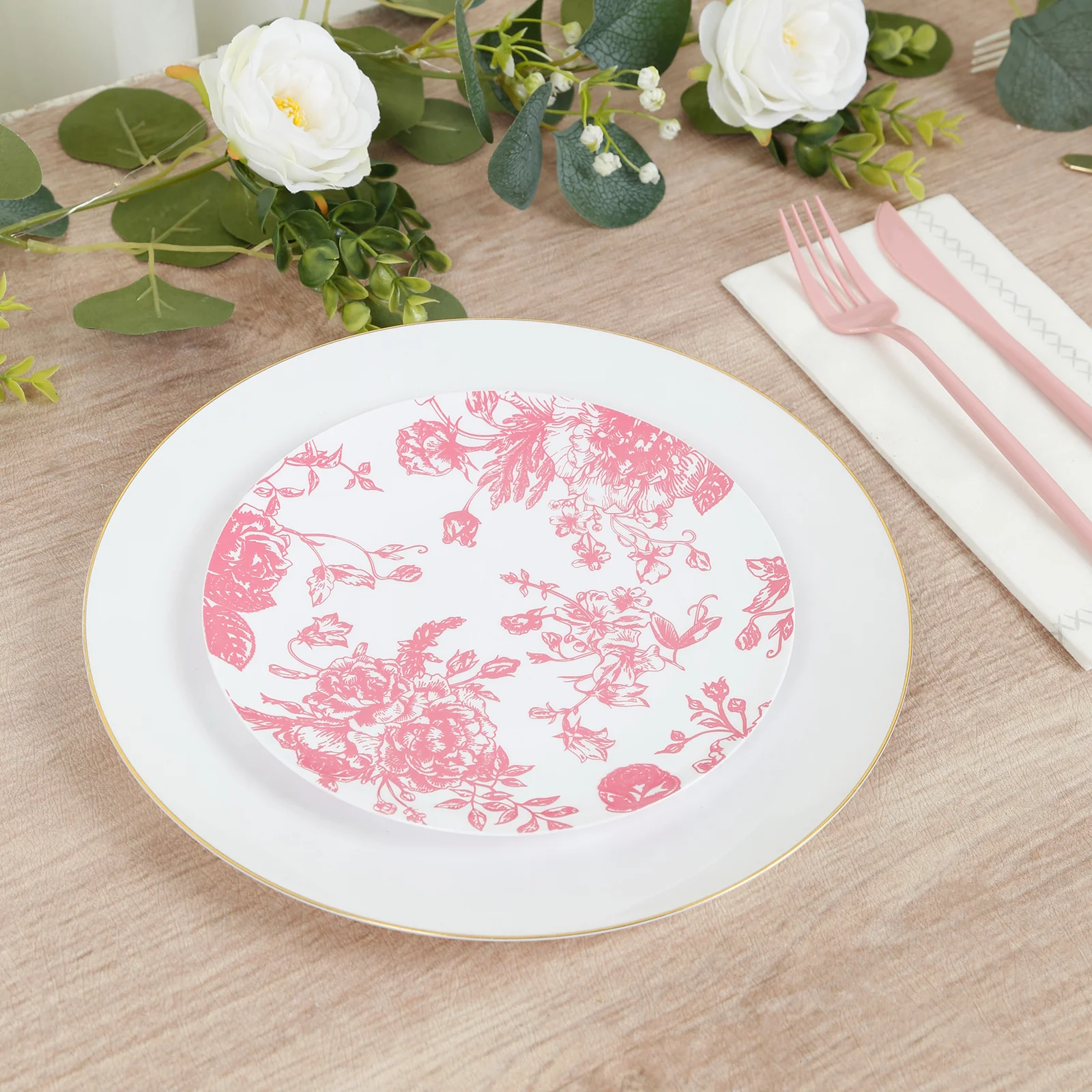 10-Pack French Toile Plastic Dessert Plates – Pink & White Floral, 7" Round Disposable Salad Plates - Image 8