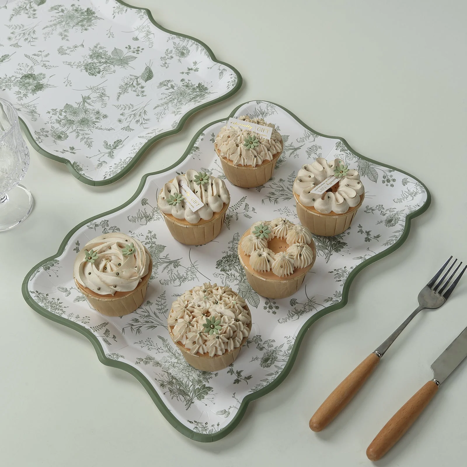 10-Pack Paper Rectangle Serving Trays 14"x10" White/Sage Green with French Toile Pattern - 400GSM Heavy Duty Disposable Cardboard Party Platters for Stylish Food Displays - Image 2