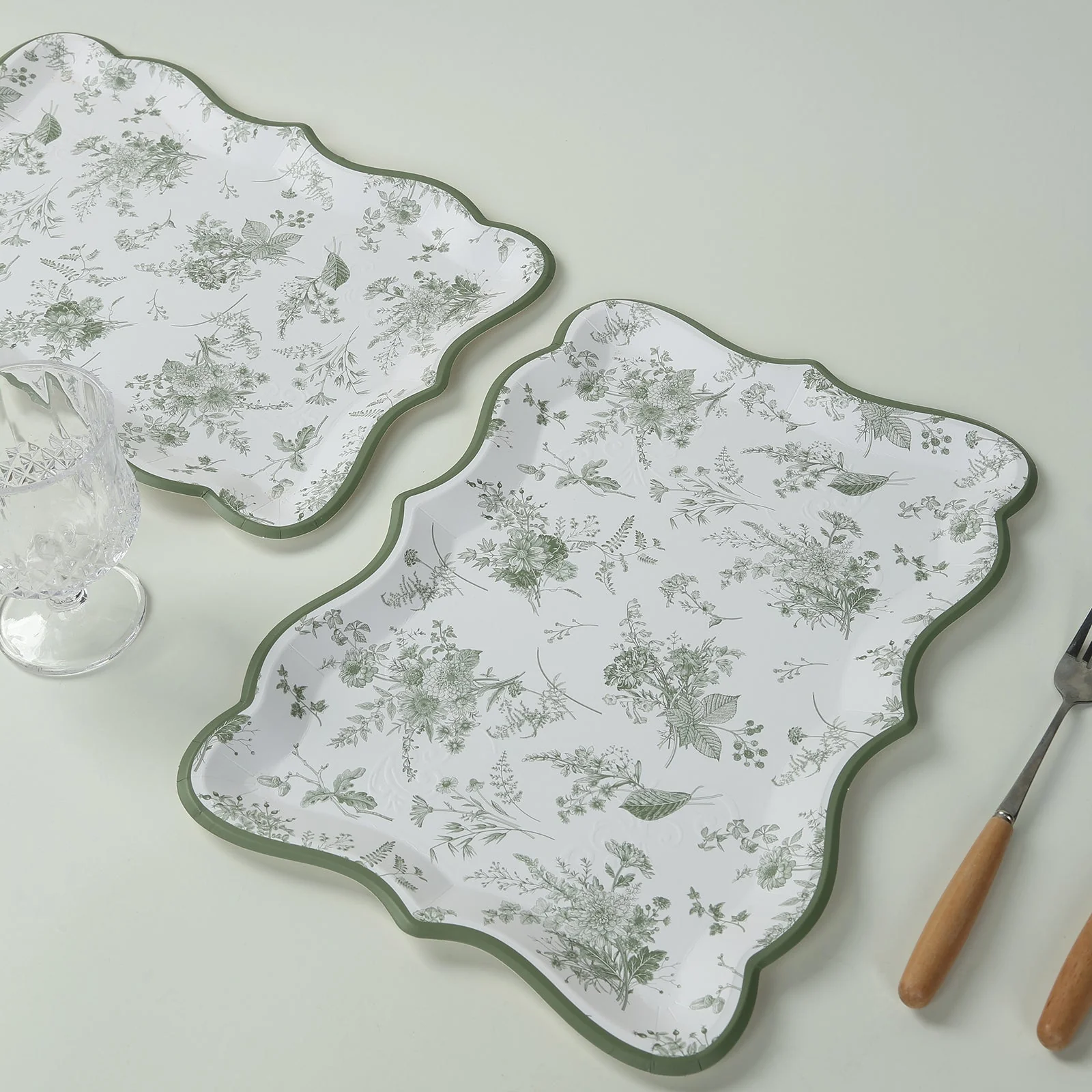 10-Pack Paper Rectangle Serving Trays 14"x10" White/Sage Green with French Toile Pattern - 400GSM Heavy Duty Disposable Cardboard Party Platters for Stylish Food Displays - Image 4