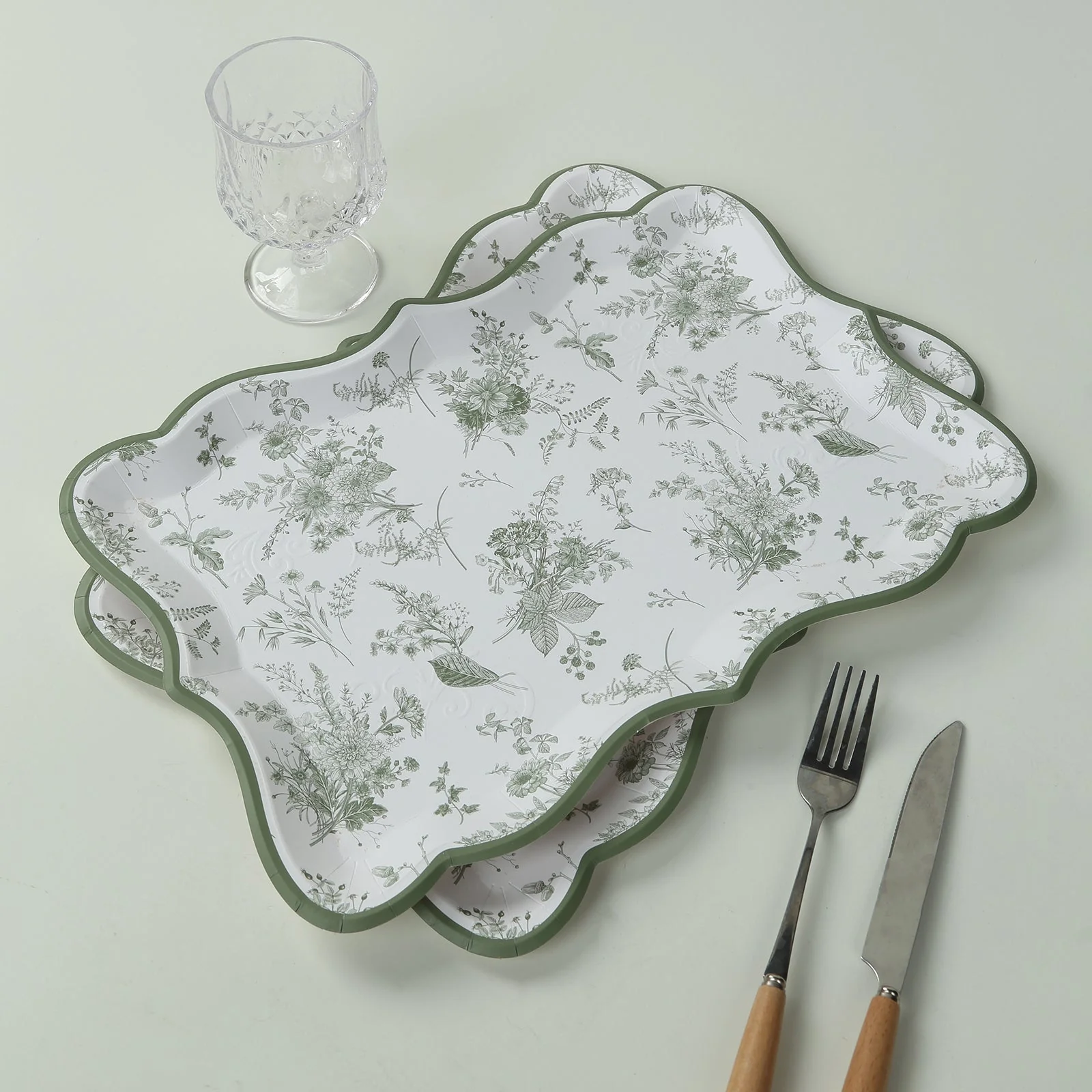 10-Pack Paper Rectangle Serving Trays 14"x10" White/Sage Green with French Toile Pattern - 400GSM Heavy Duty Disposable Cardboard Party Platters for Stylish Food Displays - Image 6