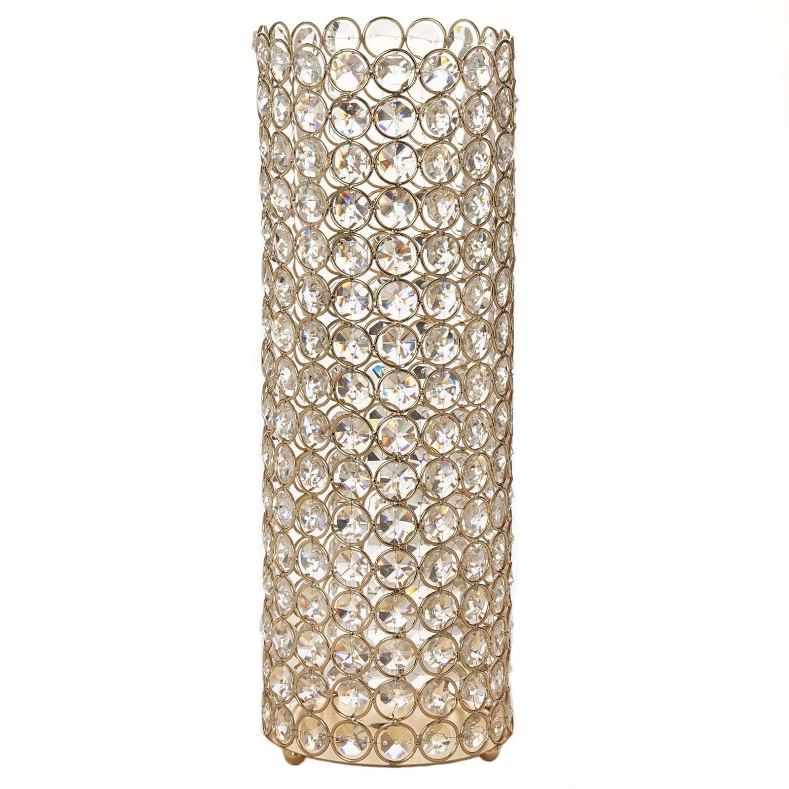 Full Crystal Beaded Pillar Candle Holder 16" Shiny Gold Metal - Sophisticated Stand for Glamorous Decor - Image 6