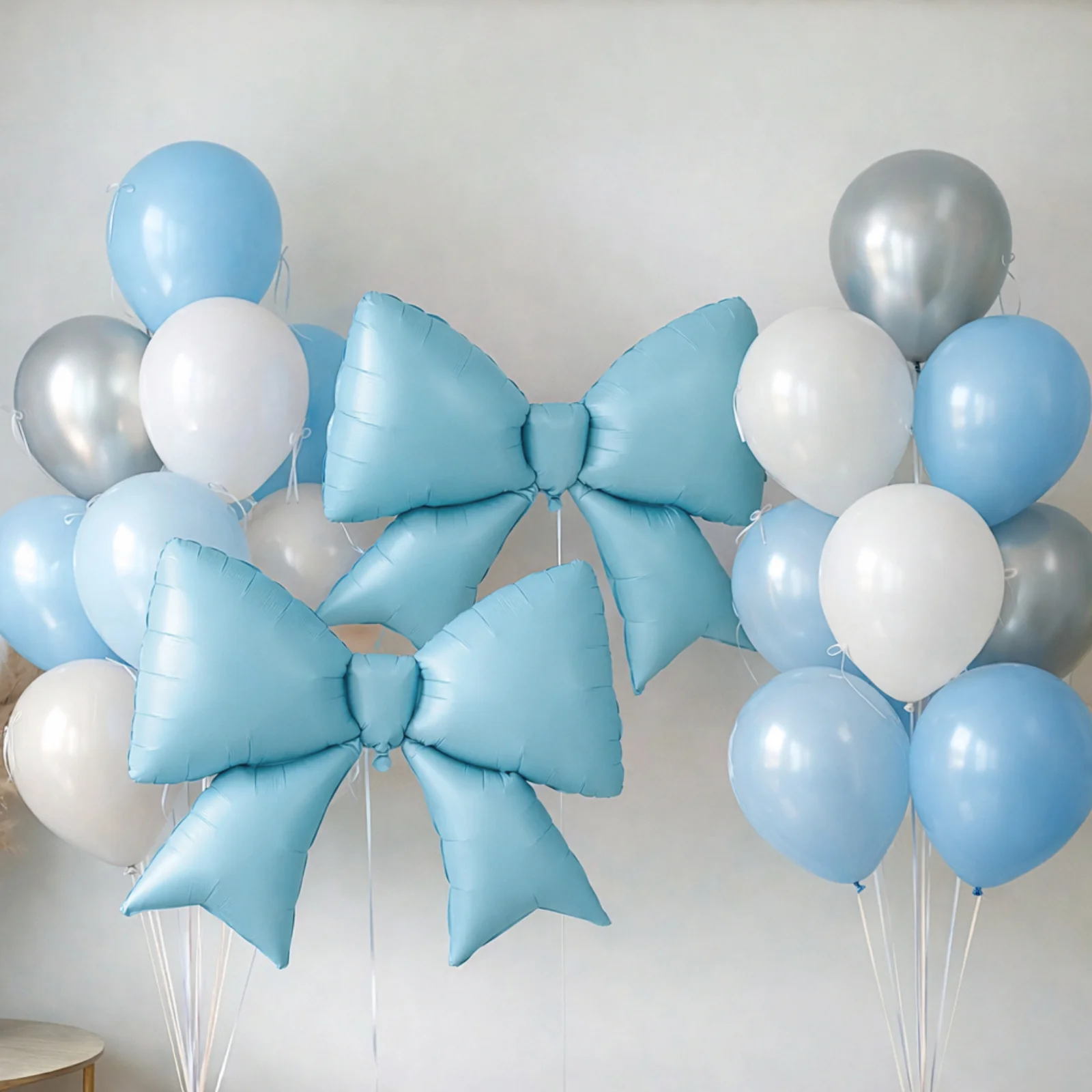 10 Pack Giant Foil Bow Balloons – Matte Light Blue Party Balloons for Backdrop, Photo Booth & Event Styling, 29″ x 27″ Inflated