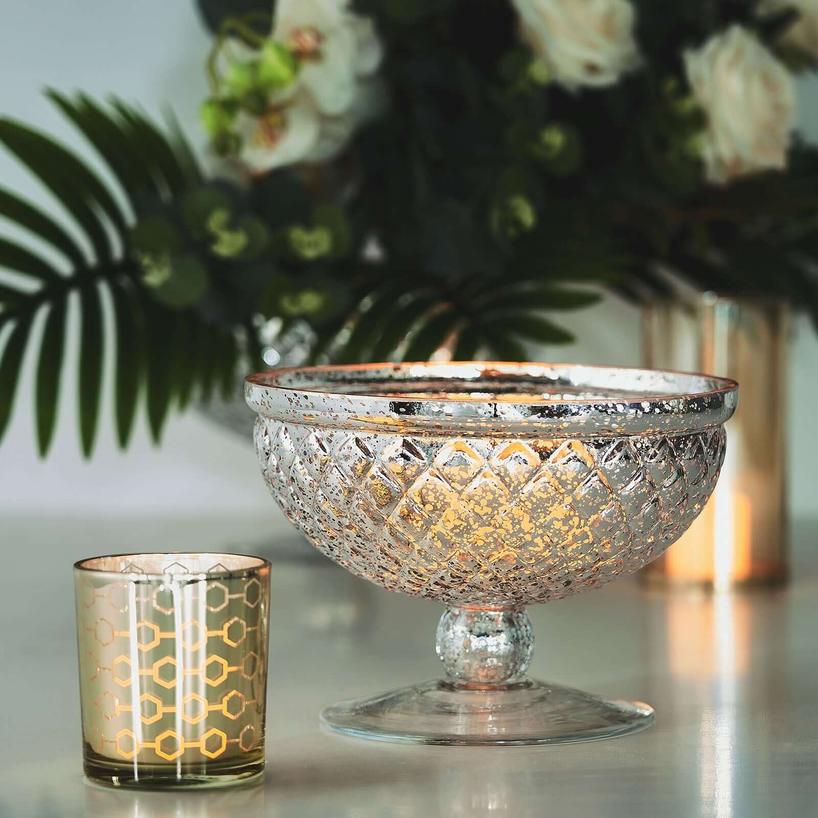 Glass Compote Vase Pedestal Bowl 8" Mercury Silver - Chic Floral Centerpiece - Image 2