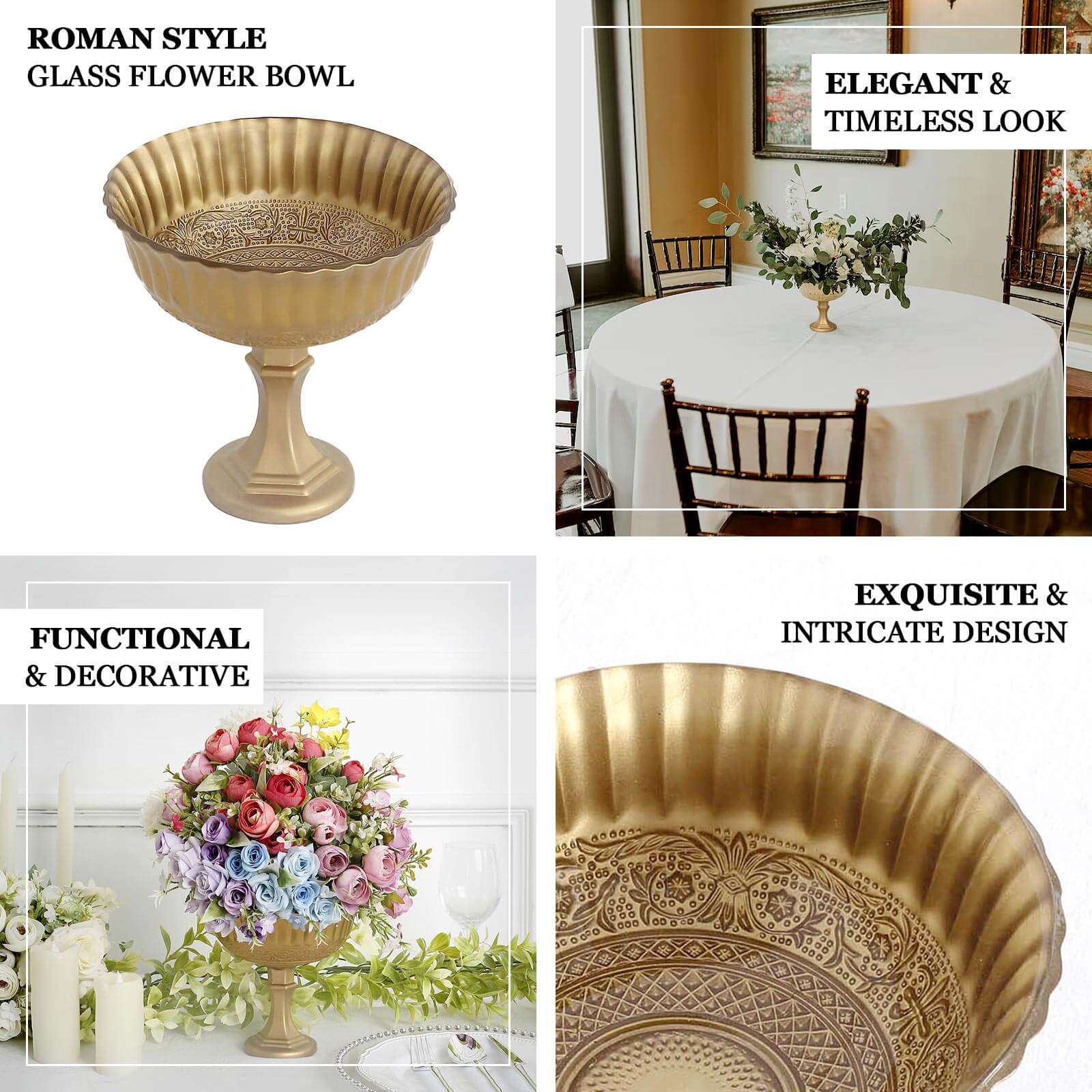 Glass Floral Bowl Centerpiece Compote Pedestal 7" Roman Style Gold - Vintage Wedding Vase for Luxurious Table Settings - Image 4