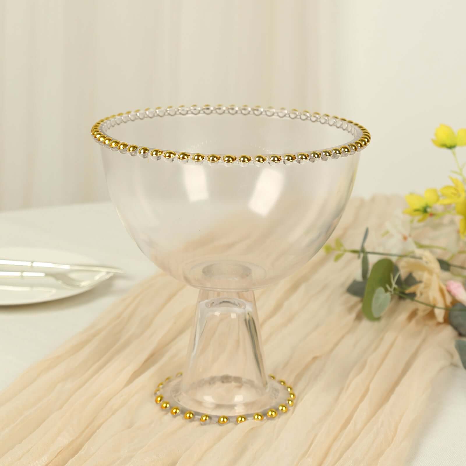 Glass Flower Vase Compote Pedestal Bowl Clear with Gold Beaded Rim 8" - Round Footed Candy Dessert Display Stand - Image 2