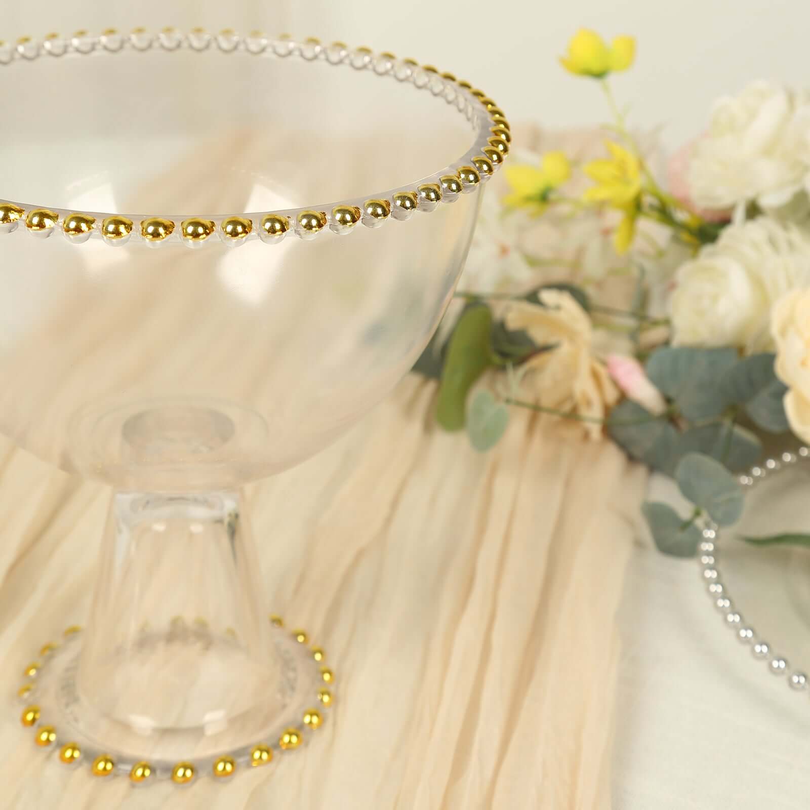 Glass Flower Vase Compote Pedestal Bowl Clear with Gold Beaded Rim 8" - Round Footed Candy Dessert Display Stand - Image 4