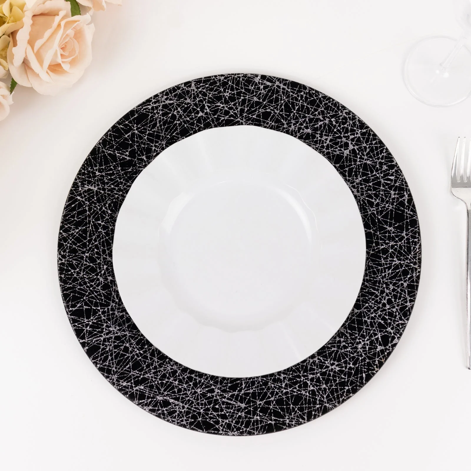 6-Pack Acrylic Charger Plates 13" Round Black with Glitter Silver Abstract Lines Pattern - Decorative Dinner Party Charger Tableware - Image 4