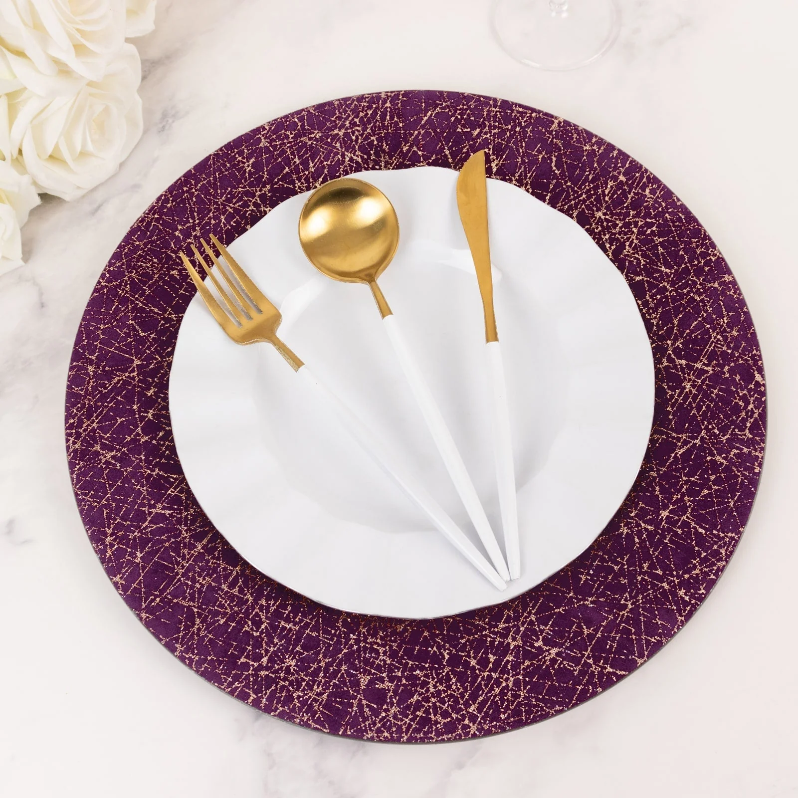6-Pack Acrylic Charger Plates 13" Round Purple with Glitter Gold Abstract Lines Pattern - Decorative Dinner Party Charger Tableware - Image 3