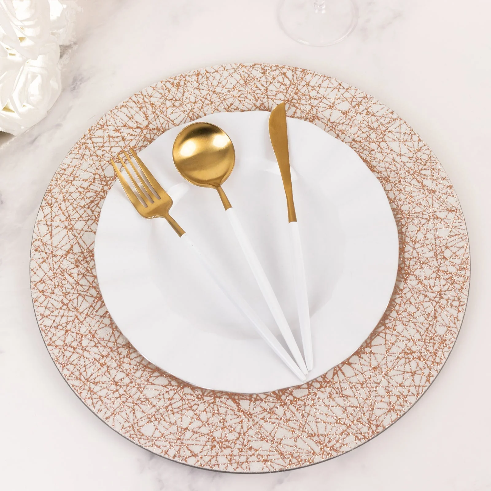 6-Pack Acrylic Charger Plates 13" Round Rose Gold with Glitter Abstract Lines Pattern - Decorative Dinner Party Charger Tableware - Image 3