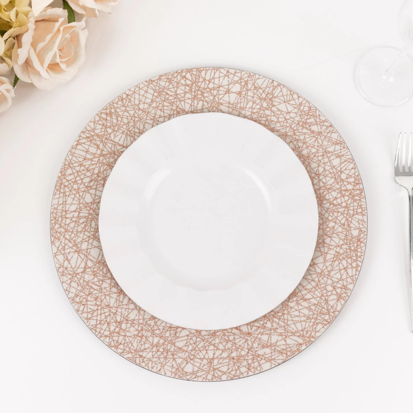 6-Pack Acrylic Charger Plates 13" Round Rose Gold with Glitter Abstract Lines Pattern - Decorative Dinner Party Charger Tableware - Image 5