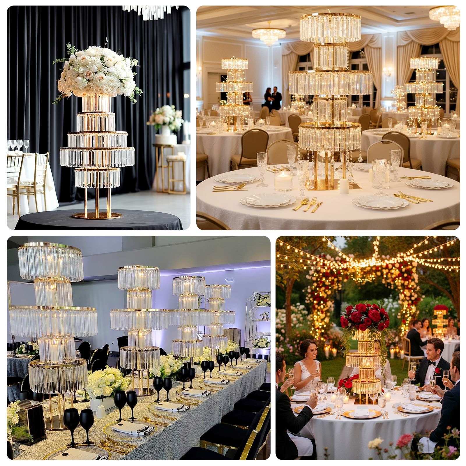 Crystal Pendant 5-Tier Table Centerpiece Chandelier in Gold, 40" Flower Stand Metal Vase Square Pedestal with Hanging Crystals - Image 4