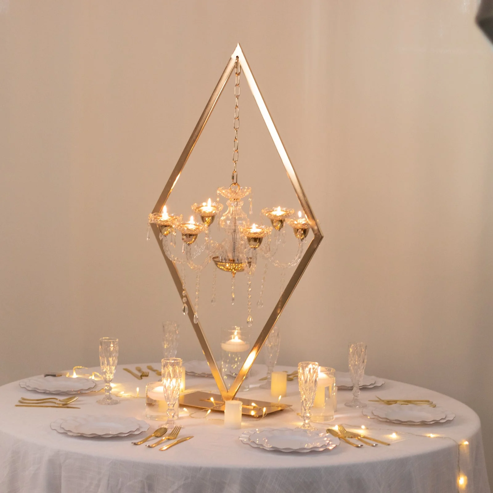 Gold Grand Table Centerpiece with Candle Holders, Diamond Frame 6-Arm Acrylic Candelabra Wedding Table Centerpiece - 45" - Image 7