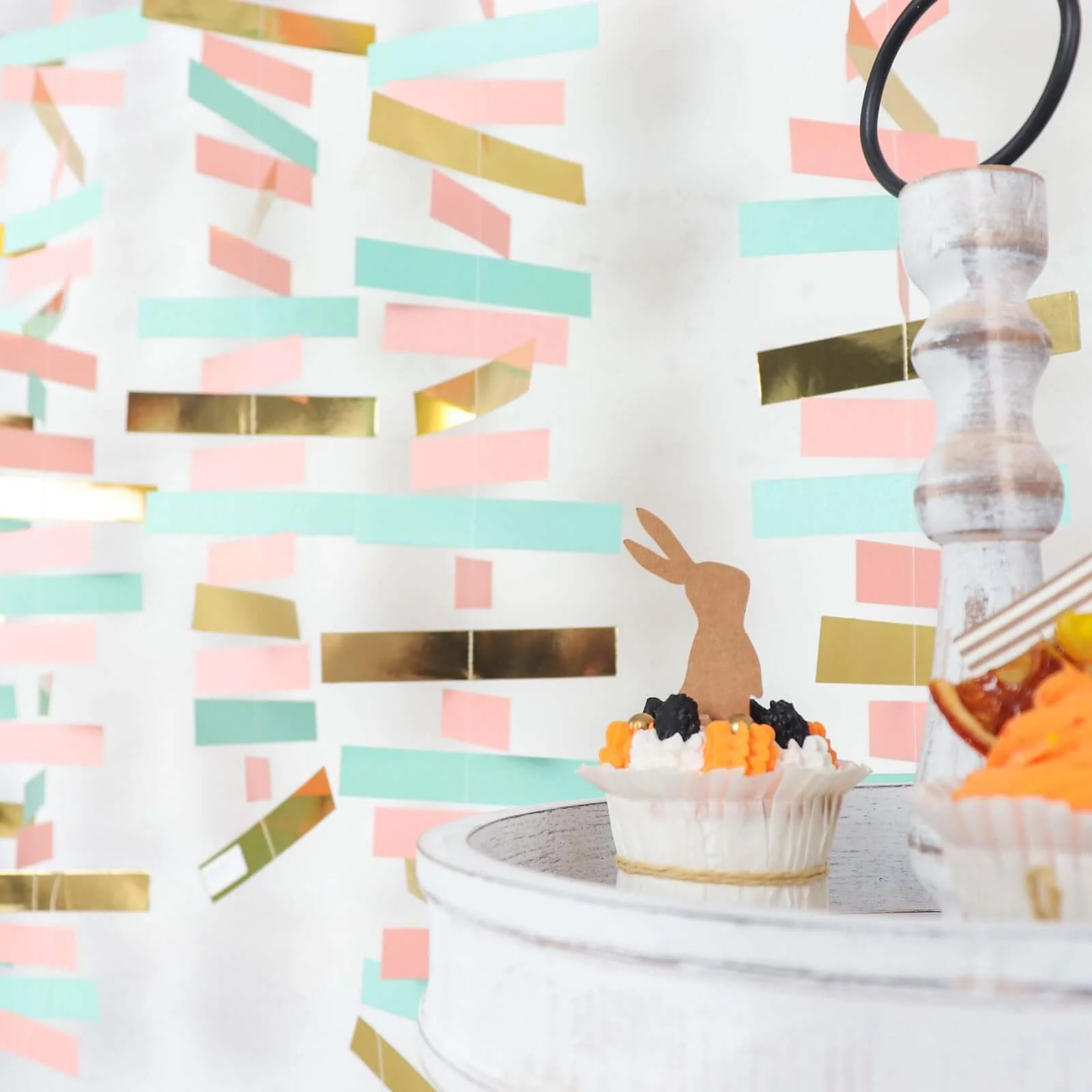 Gold, Blush and Turquoise Confetti-Like Paper Party Garland Streamer, Hanging Backdrop Decoration 6.5ft - Image 11
