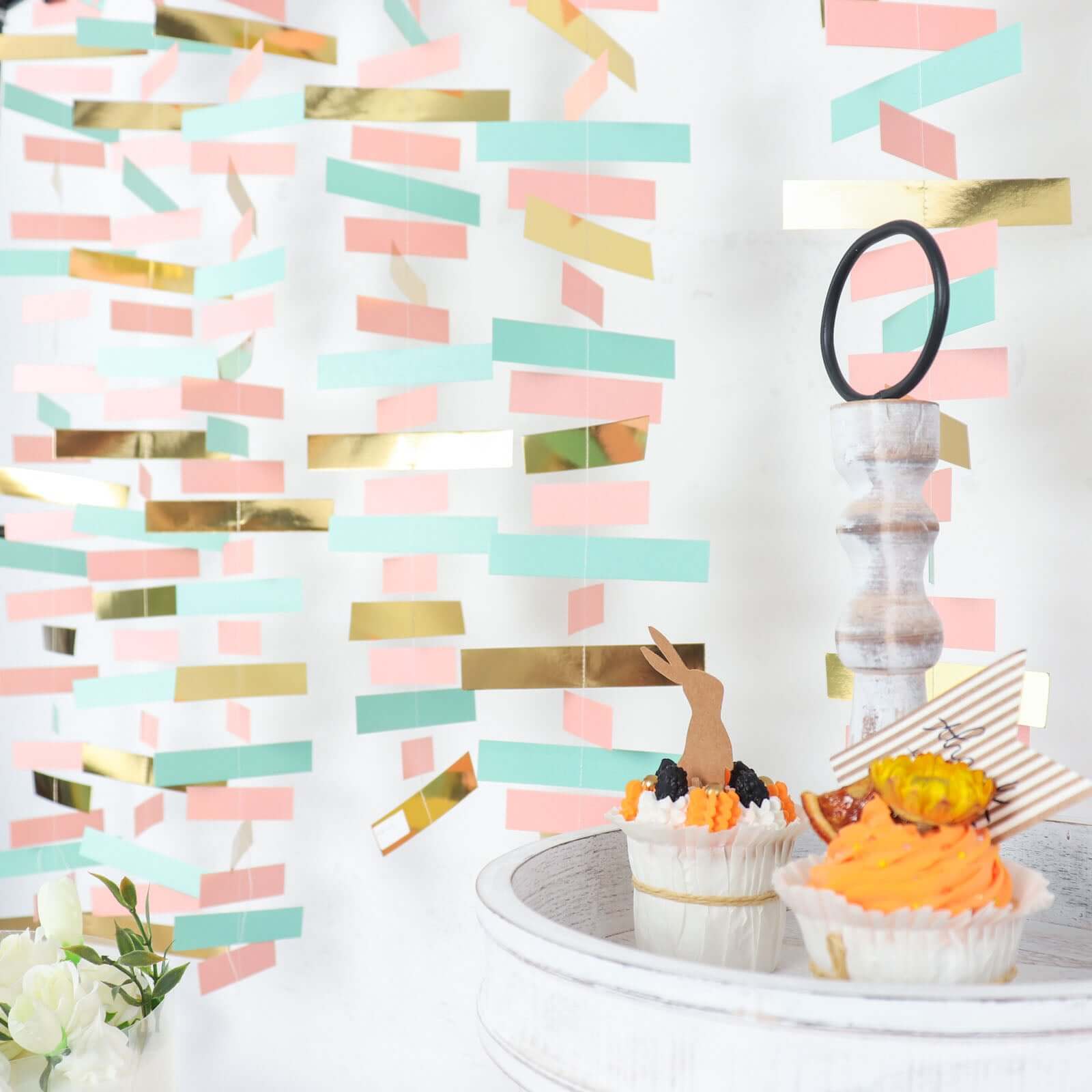 Gold, Blush and Turquoise Confetti-Like Paper Party Garland Streamer, Hanging Backdrop Decoration 6.5ft - Image 12