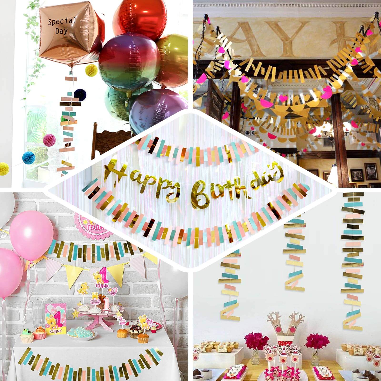 Gold, Blush and Turquoise Confetti-Like Paper Party Garland Streamer, Hanging Backdrop Decoration 6.5ft - Image 4