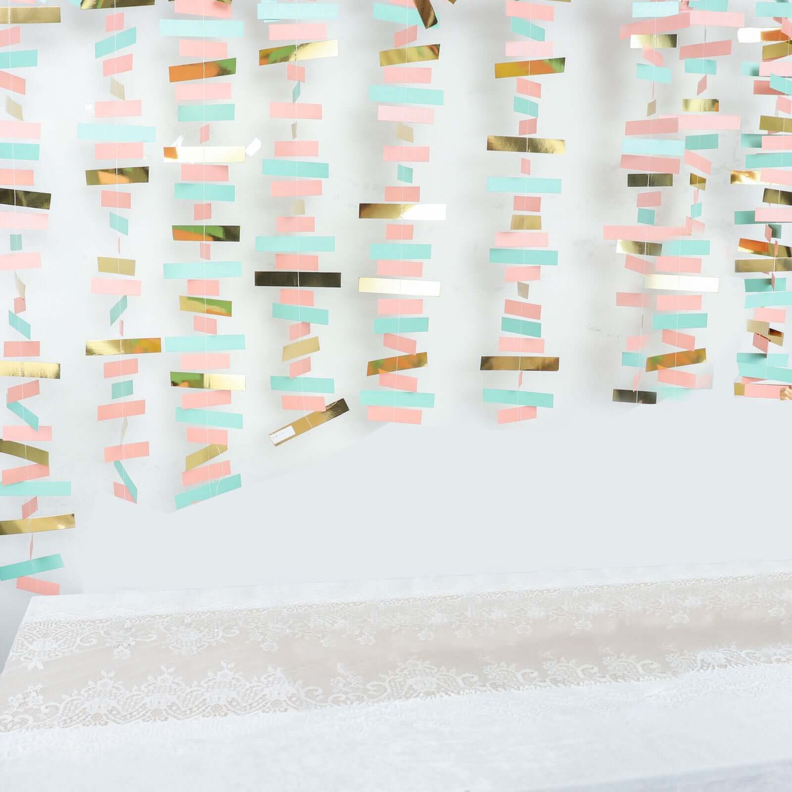 Gold, Blush and Turquoise Confetti-Like Paper Party Garland Streamer, Hanging Backdrop Decoration 6.5ft - Image 5