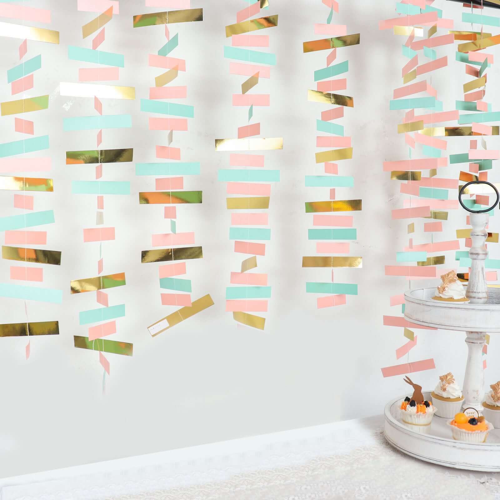 Gold, Blush and Turquoise Confetti-Like Paper Party Garland Streamer, Hanging Backdrop Decoration 6.5ft - Image 7