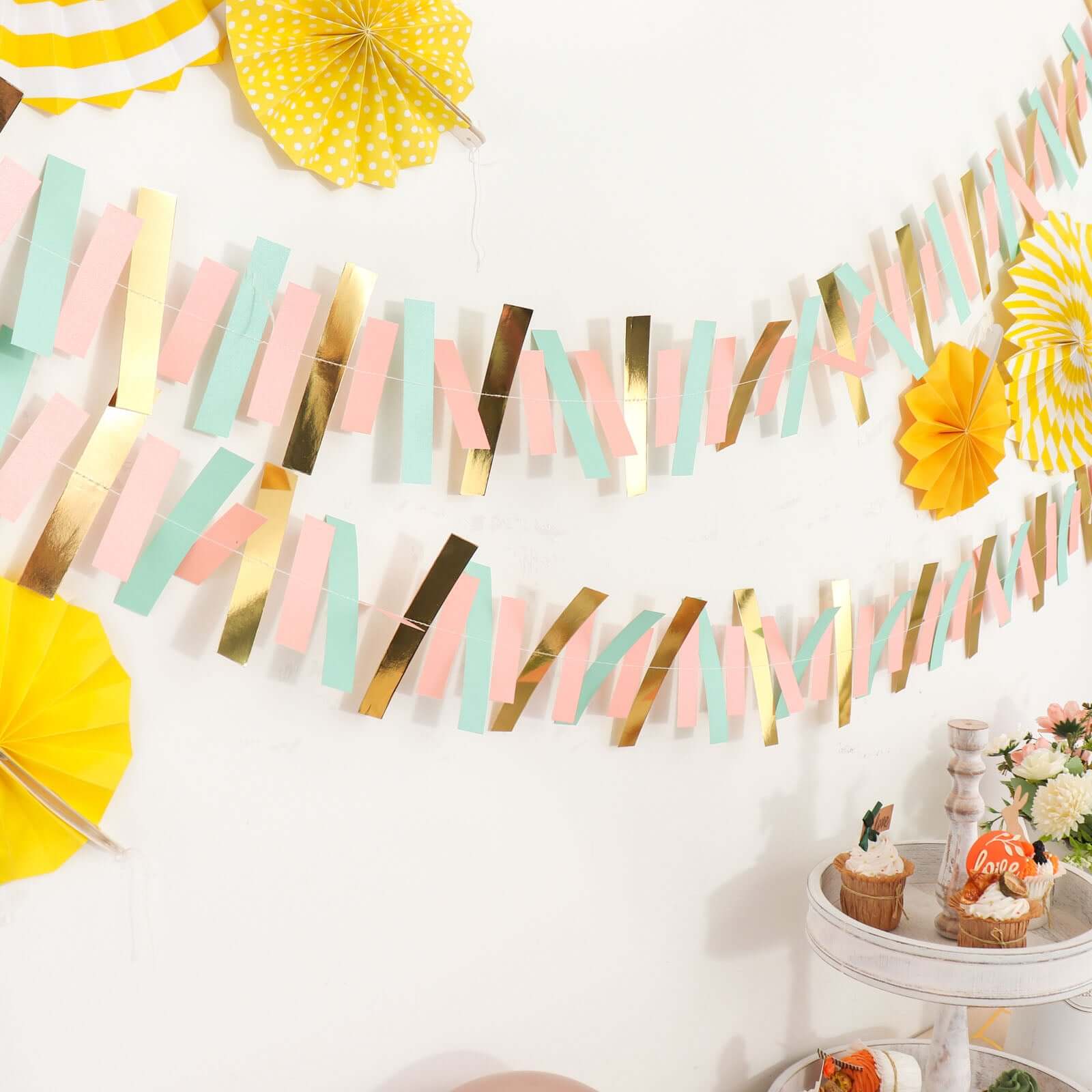 Gold, Blush and Turquoise Confetti-Like Paper Party Garland Streamer, Hanging Backdrop Decoration 6.5ft - Image 8