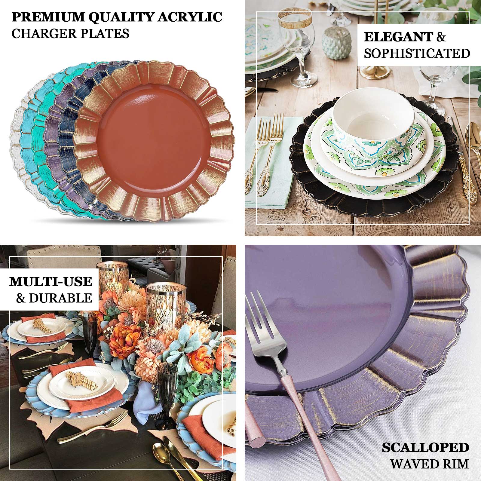 6-Pack Acrylic Plastic Charger Plates 13" Round Beige with Gold Brushed Wavy Scalloped Rim - Dinner Charger Tableware - Image 4