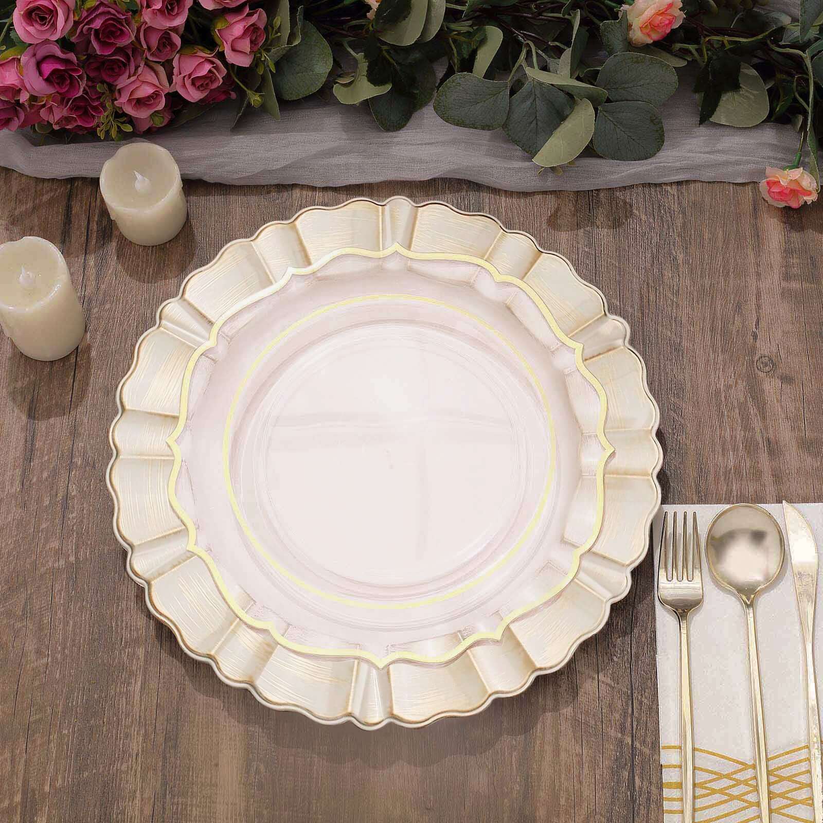 6-Pack Acrylic Plastic Charger Plates 13" Round Beige with Gold Brushed Wavy Scalloped Rim - Dinner Charger Tableware - Image 7