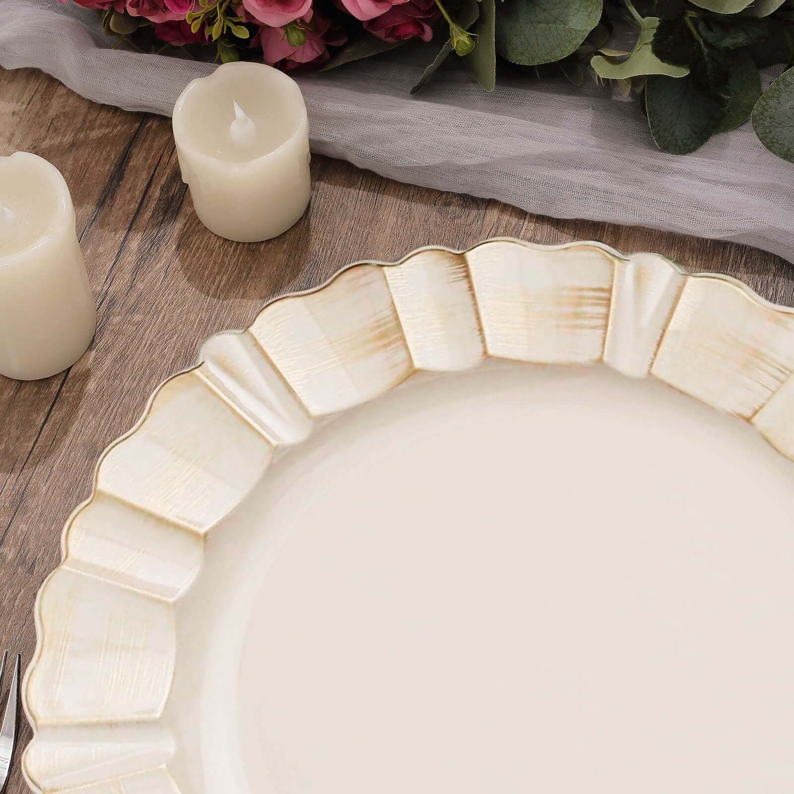 6-Pack Acrylic Plastic Charger Plates 13" Round Beige with Gold Brushed Wavy Scalloped Rim - Dinner Charger Tableware - Image 8