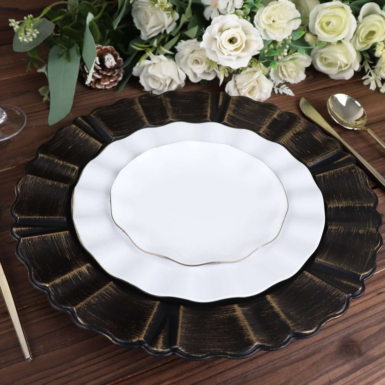 6-Pack Acrylic Plastic Charger Plates 13" Round Matte Black with Gold Brushed Wavy Scalloped Rim - Dinner Charger Tableware - Image 2