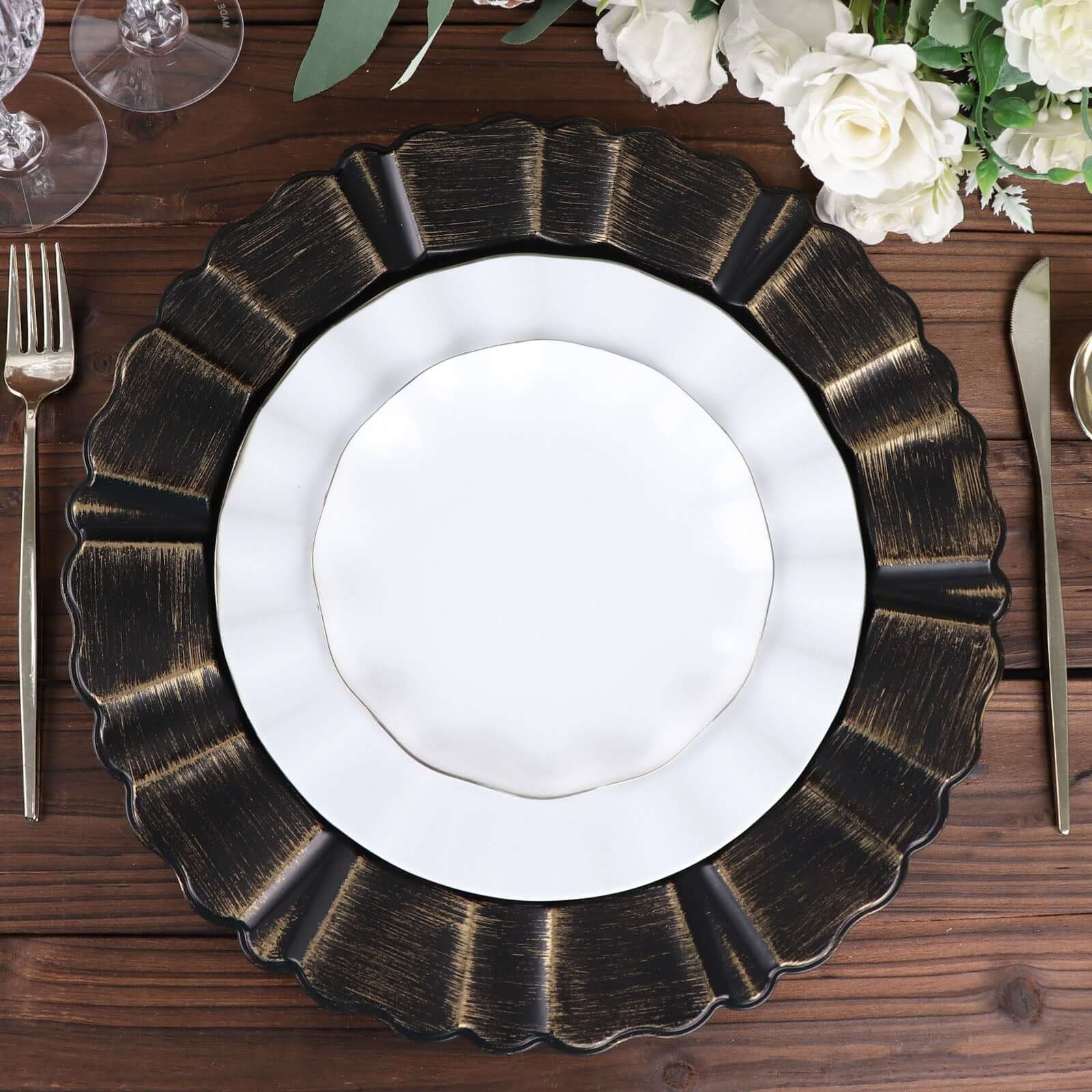 6-Pack Acrylic Plastic Charger Plates 13" Round Matte Black with Gold Brushed Wavy Scalloped Rim - Dinner Charger Tableware - Image 7