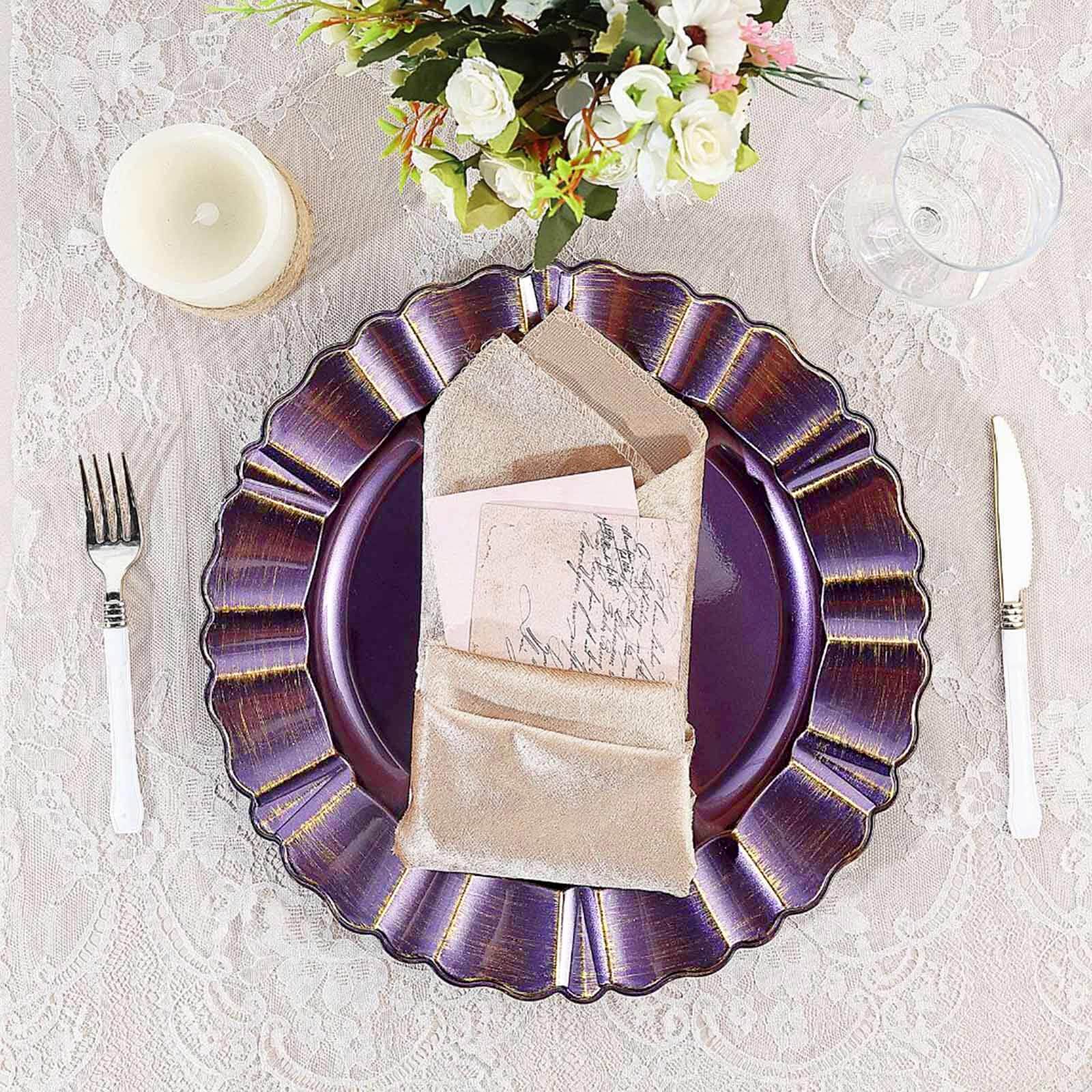 6-Pack Acrylic Plastic Charger Plates 13" Round Purple with Gold Brushed Wavy Scalloped Rim - Dinner Charger Tableware - Image 2