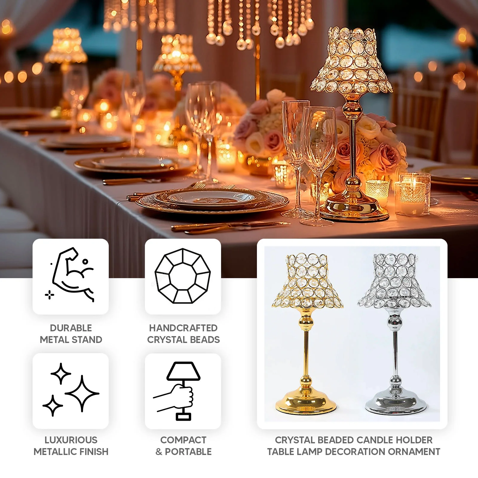 2 Pack Gold Centerpiece Candle Holders with Crystal Beaded Lamp-Style Shades – 12" Tall for Weddings & Events - Image 3