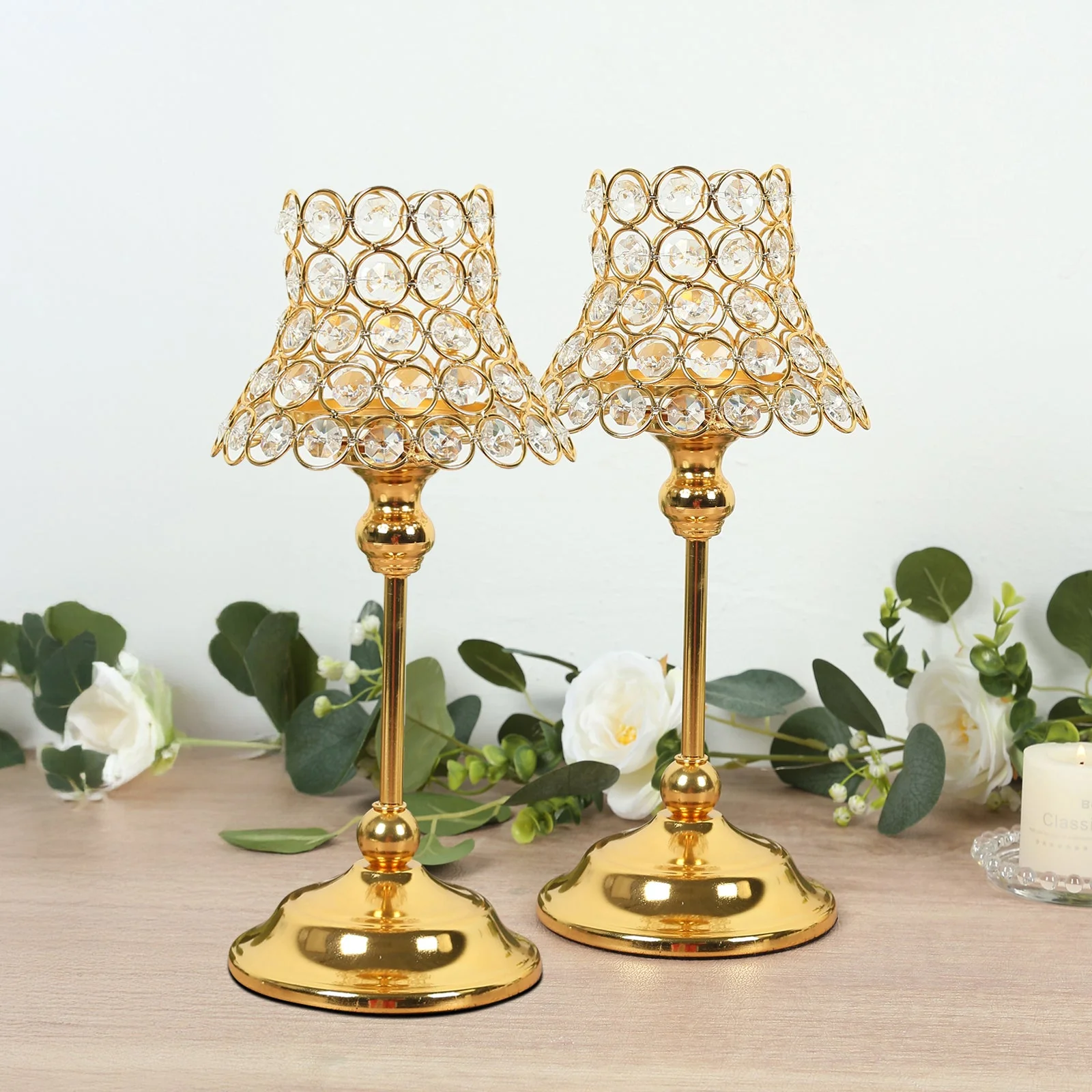 2 Pack Gold Centerpiece Candle Holders with Crystal Beaded Lamp-Style Shades – 12" Tall for Weddings & Events - Image 6