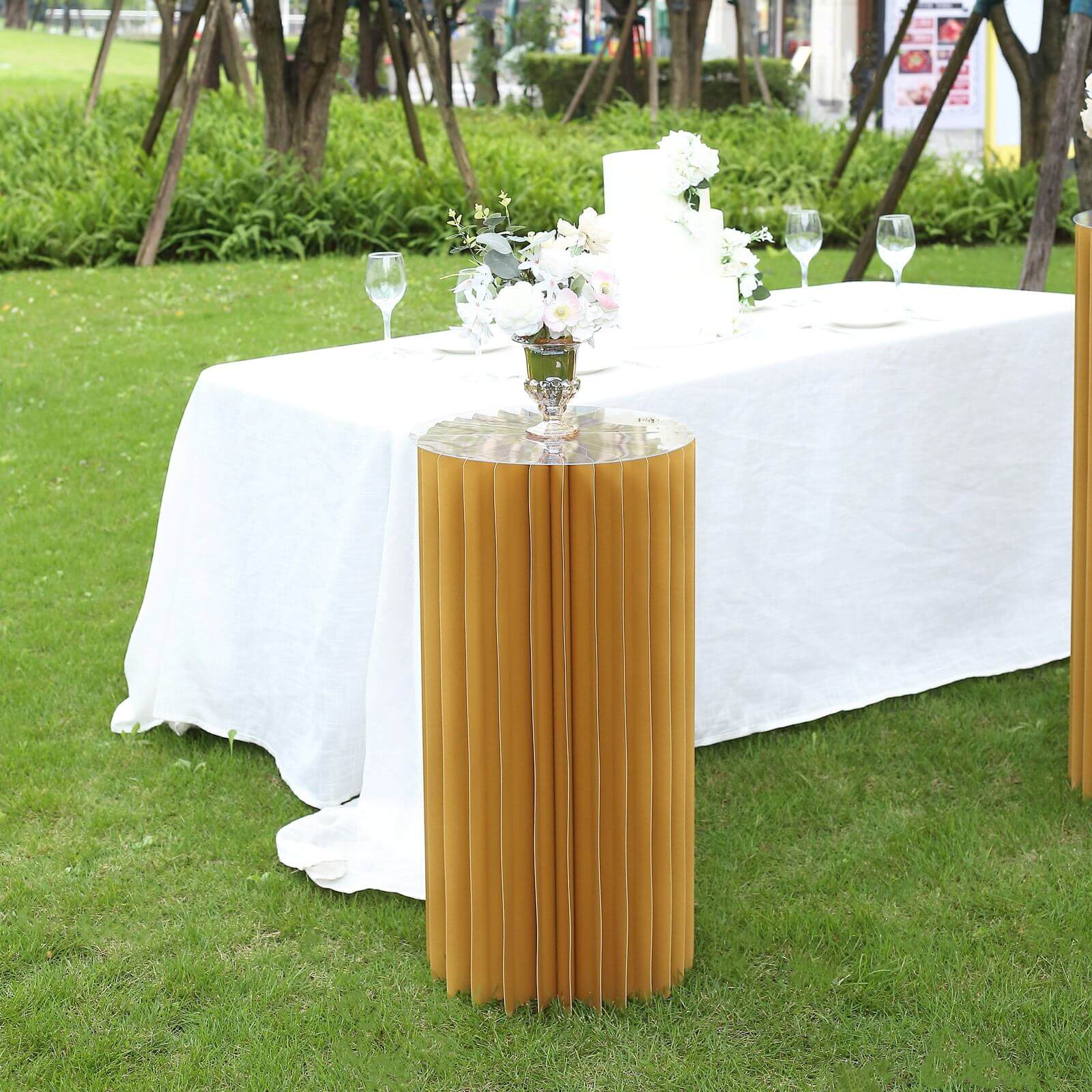 Gold Cylinder Pillar Pedestal Stand, Display Column Stand With Top Plate 32"