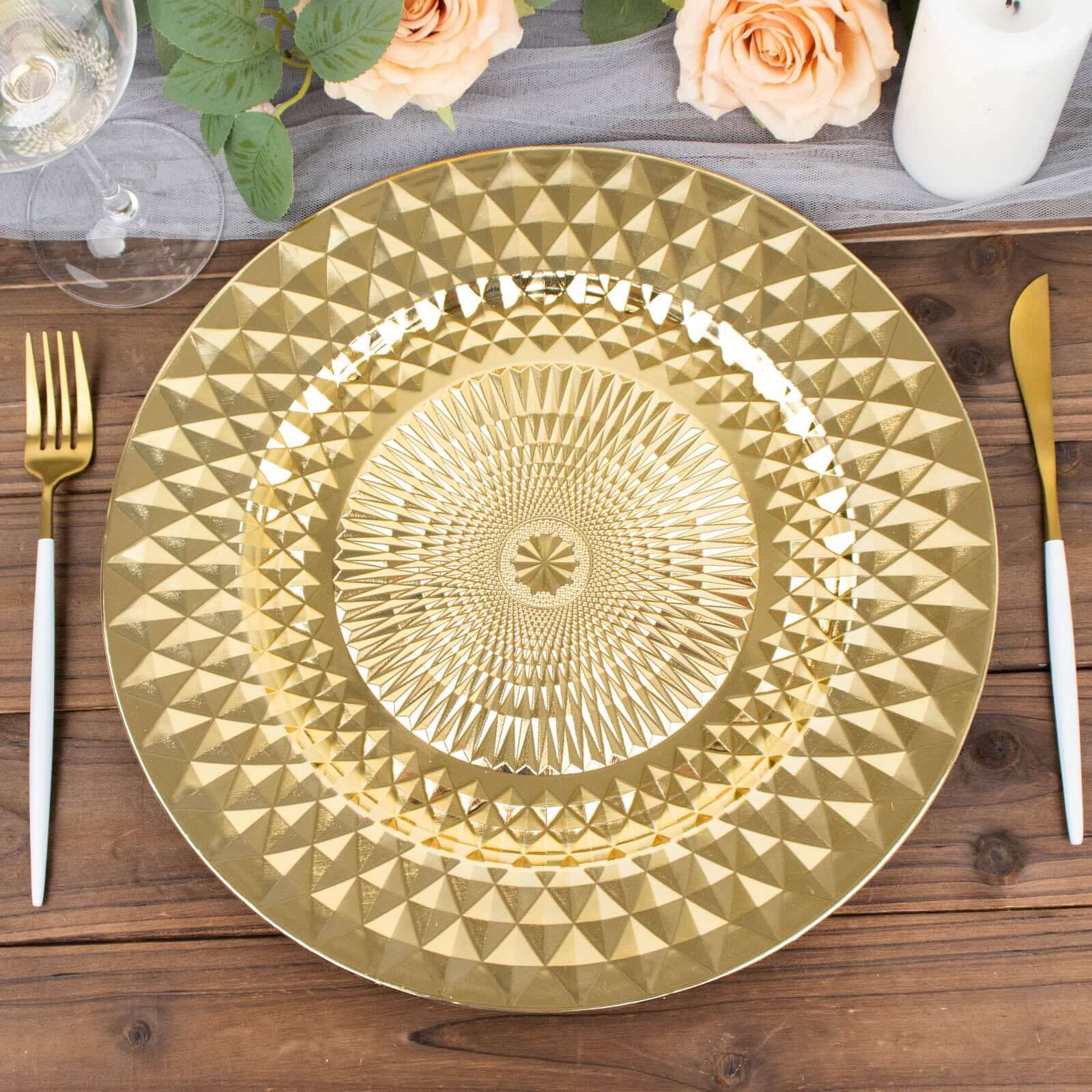 6-Pack Plastic Charger Plates 13" Round Gold Diamond Pattern - Sparkling Disposable Dinner Charger Tableware - Image 11
