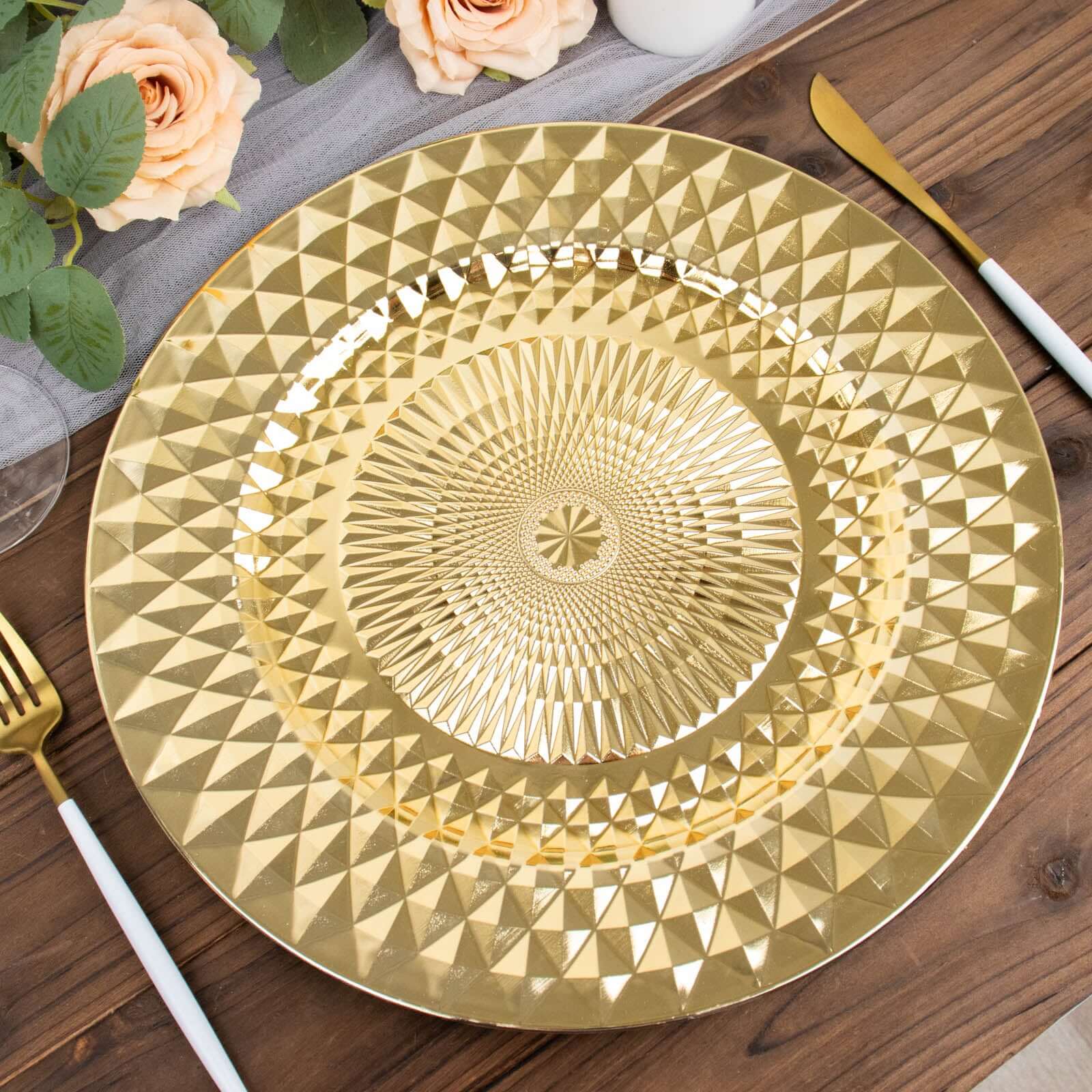 6-Pack Plastic Charger Plates 13" Round Gold Diamond Pattern - Sparkling Disposable Dinner Charger Tableware - Image 5
