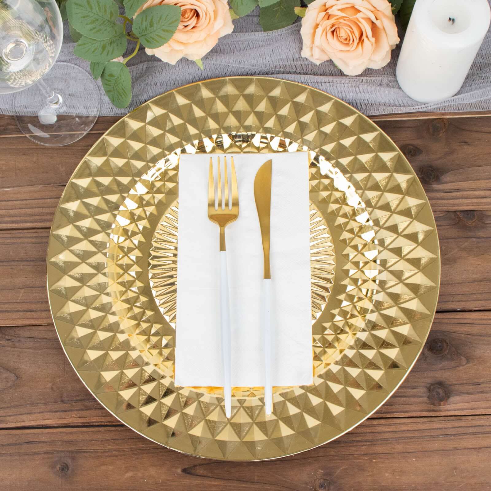 6-Pack Plastic Charger Plates 13" Round Gold Diamond Pattern - Sparkling Disposable Dinner Charger Tableware - Image 6