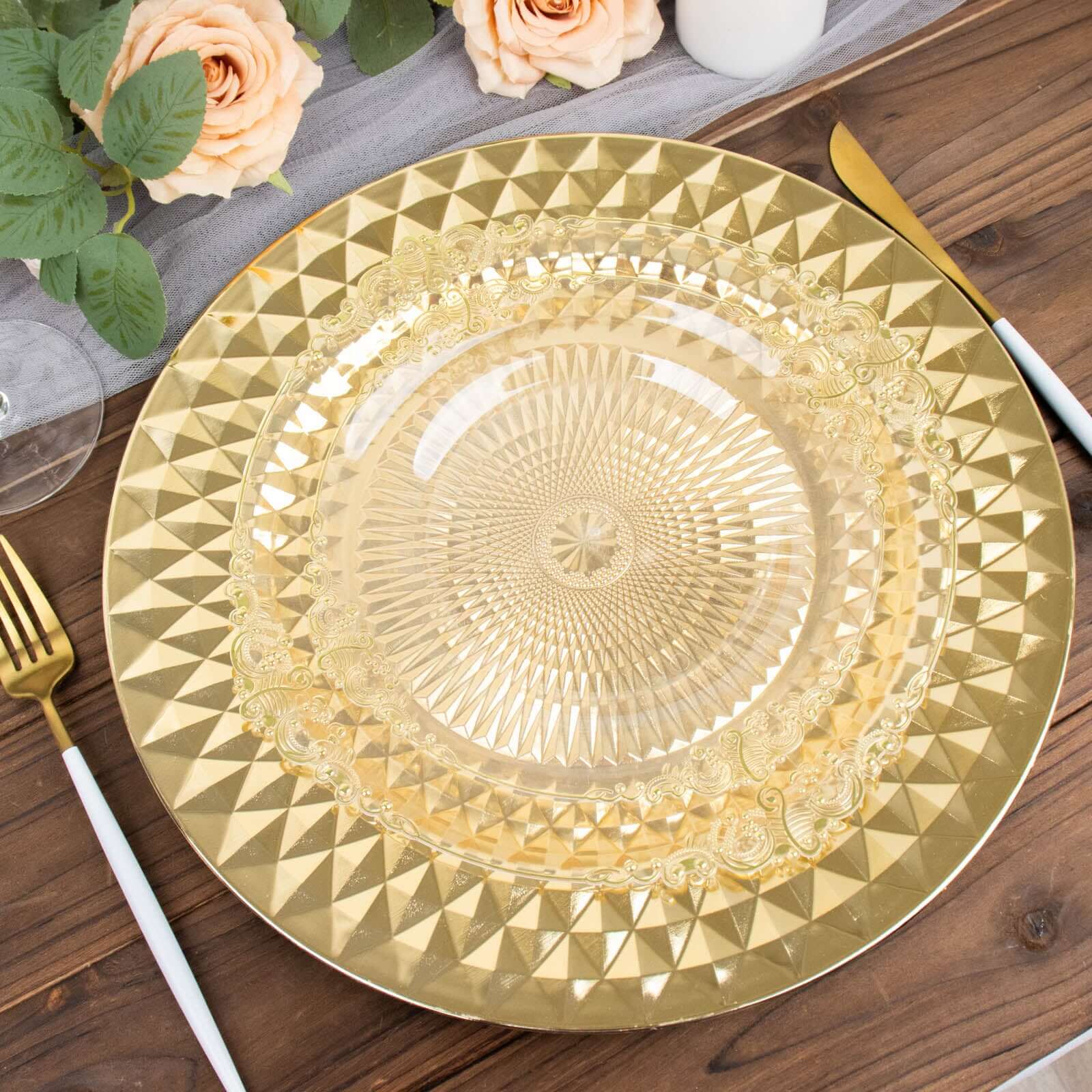 6-Pack Plastic Charger Plates 13" Round Gold Diamond Pattern - Sparkling Disposable Dinner Charger Tableware - Image 8