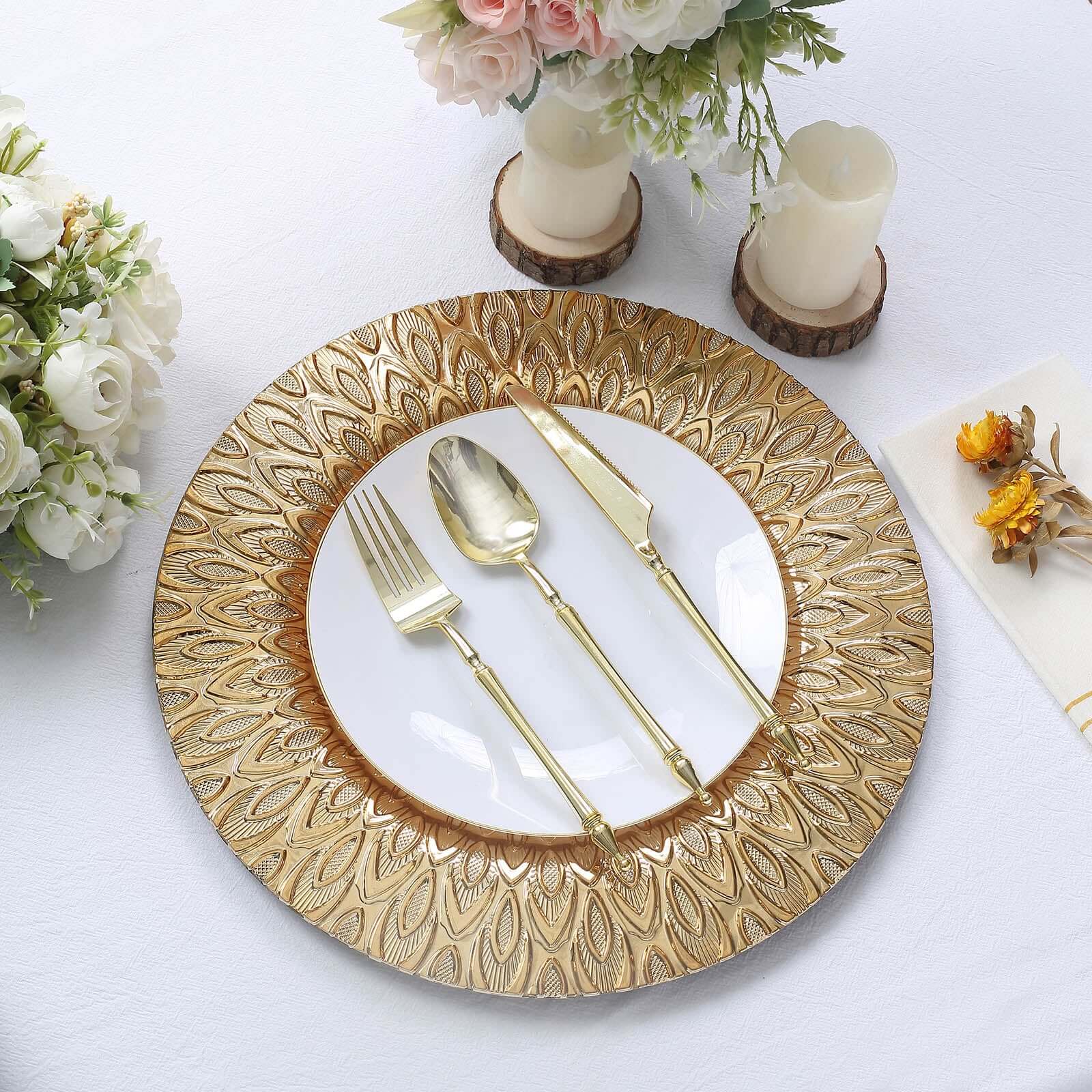 6-Pack Plastic Charger Plates 13" Round Gold with Embossed Peacock Pattern - Stylish Disposable Charger Tableware - Image 2