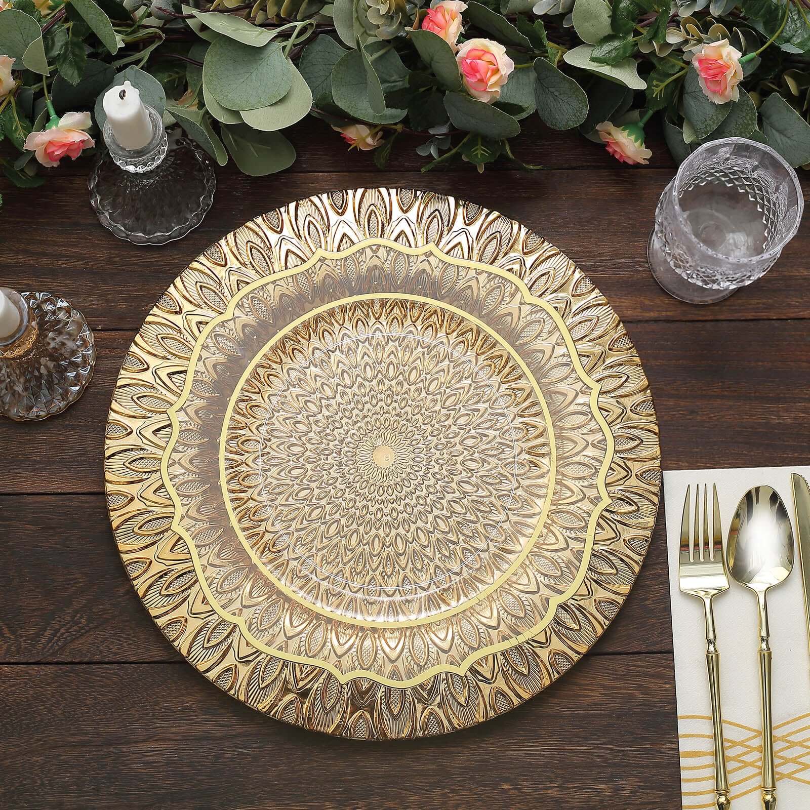 6-Pack Plastic Charger Plates 13" Round Gold with Embossed Peacock Pattern - Stylish Disposable Charger Tableware - Image 6