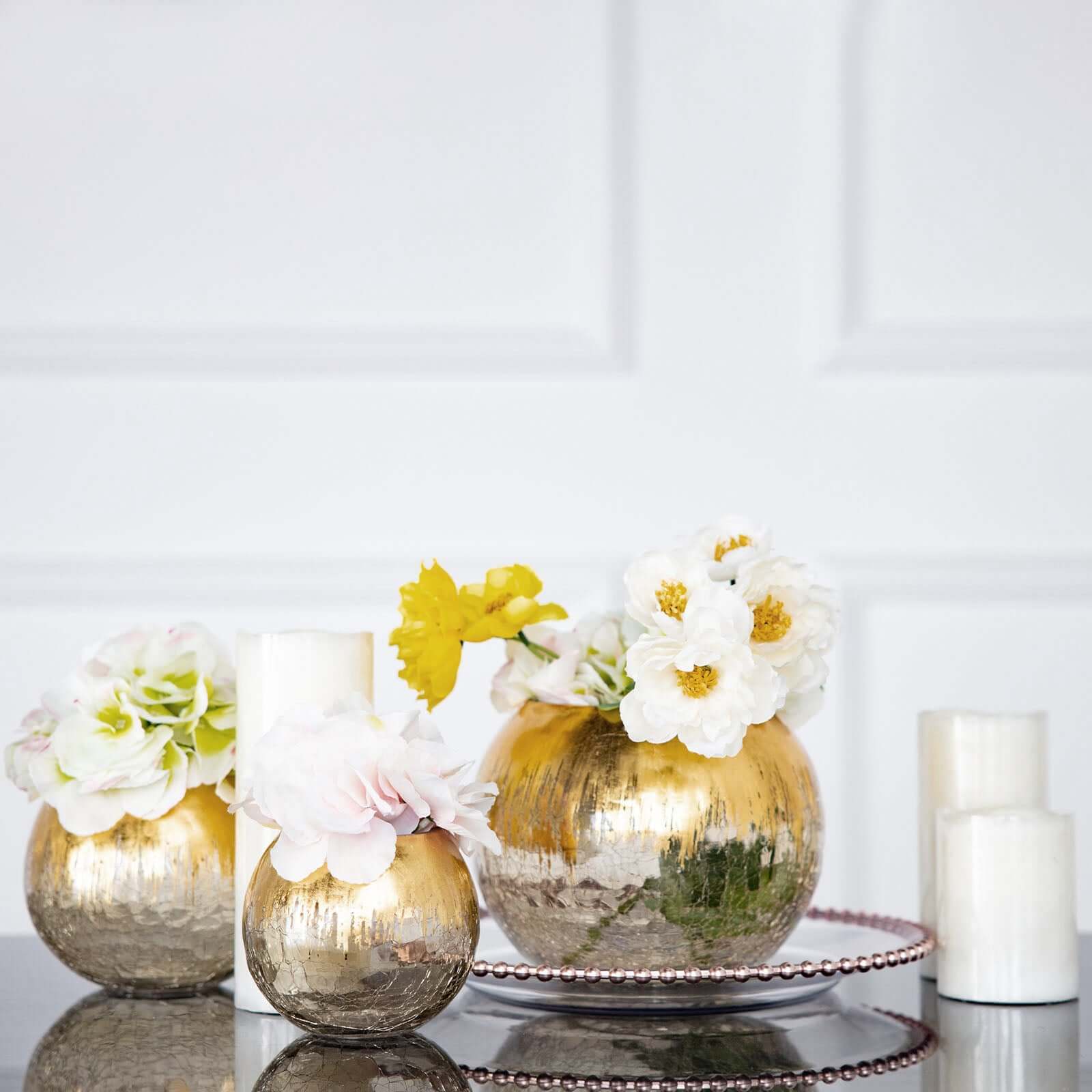 Gold Foiled Glass Bud Vase Crackle Bubble Bowl 4" - Round Table Centerpiece for Floral Arrangements - Image 2