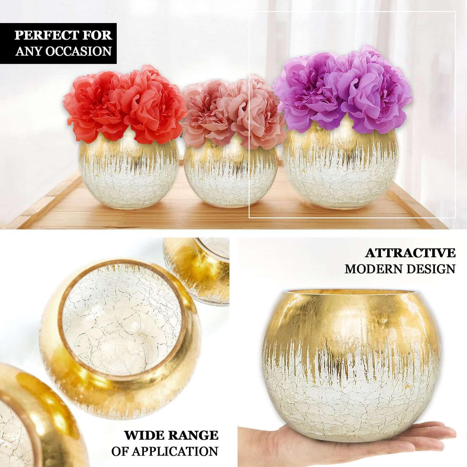 Gold Foiled Glass Flower Vase Crackle Bubble Design 4.5" - Decorative Floral Wedding Centerpiece - Image 4