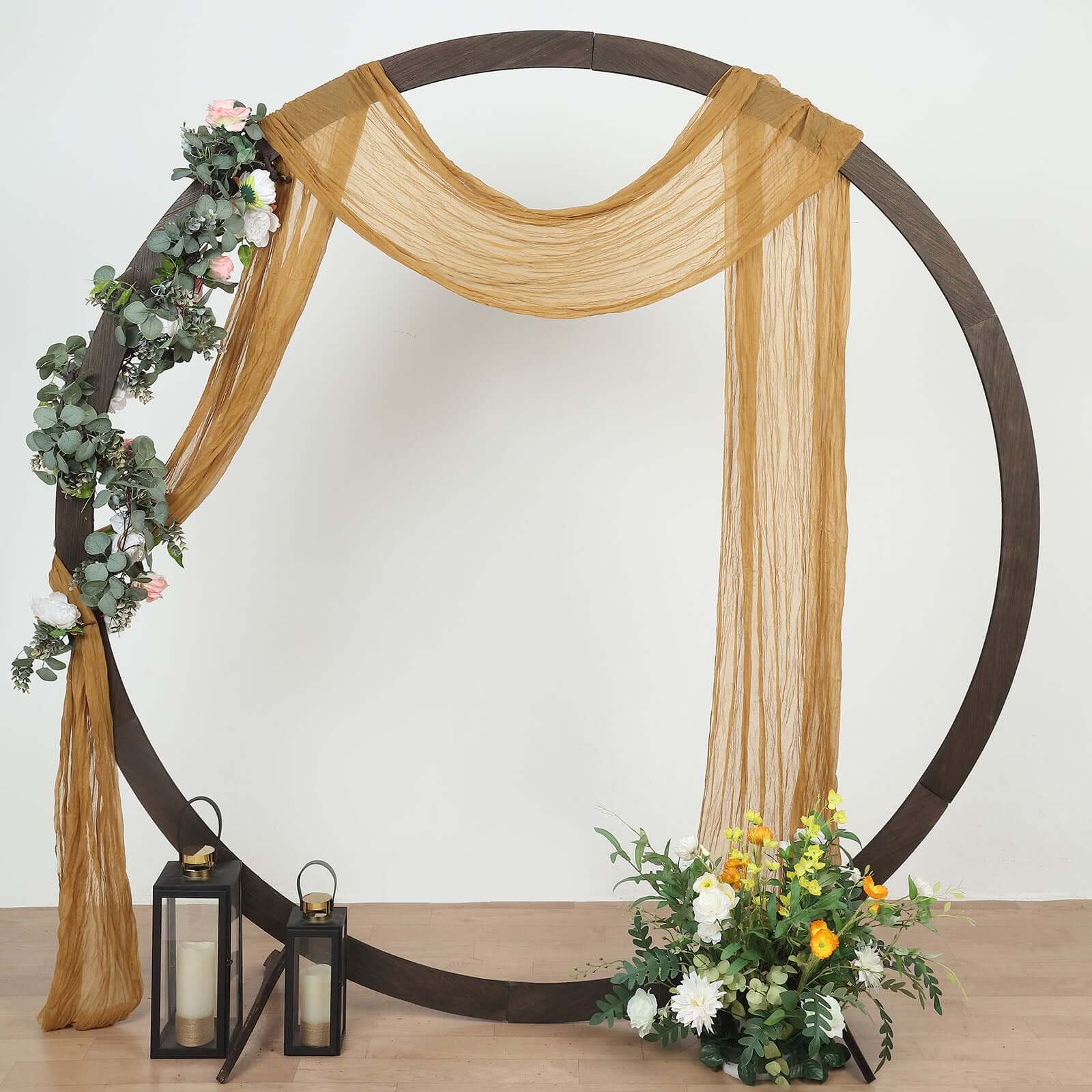 Gold Gauze Cheesecloth Draping Fabric Wedding Arch Decorations, Window Scarf Valance Drapes, Boho Arbor Long Curtain Panel 20ft