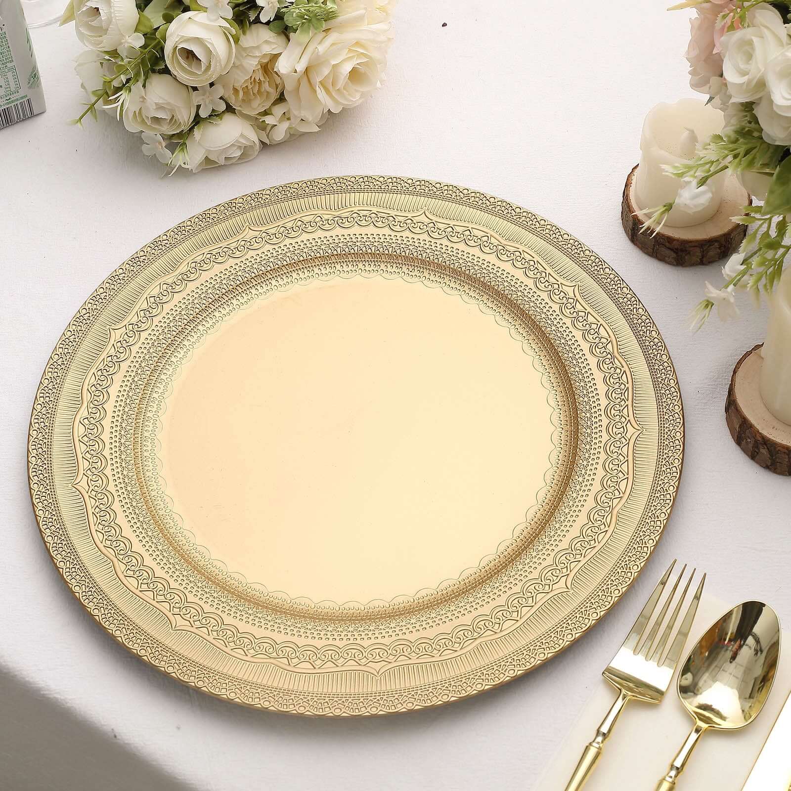 6-Pack Acrylic Charger Plates 13" Round Gold Lace Embossed Rim - Rustic Plastic Charger Tableware - Image 2