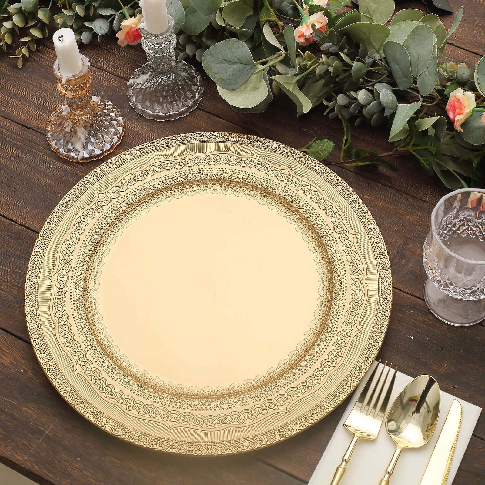 6-Pack Acrylic Charger Plates 13" Round Gold Lace Embossed Rim - Rustic Plastic Charger Tableware - Image 8
