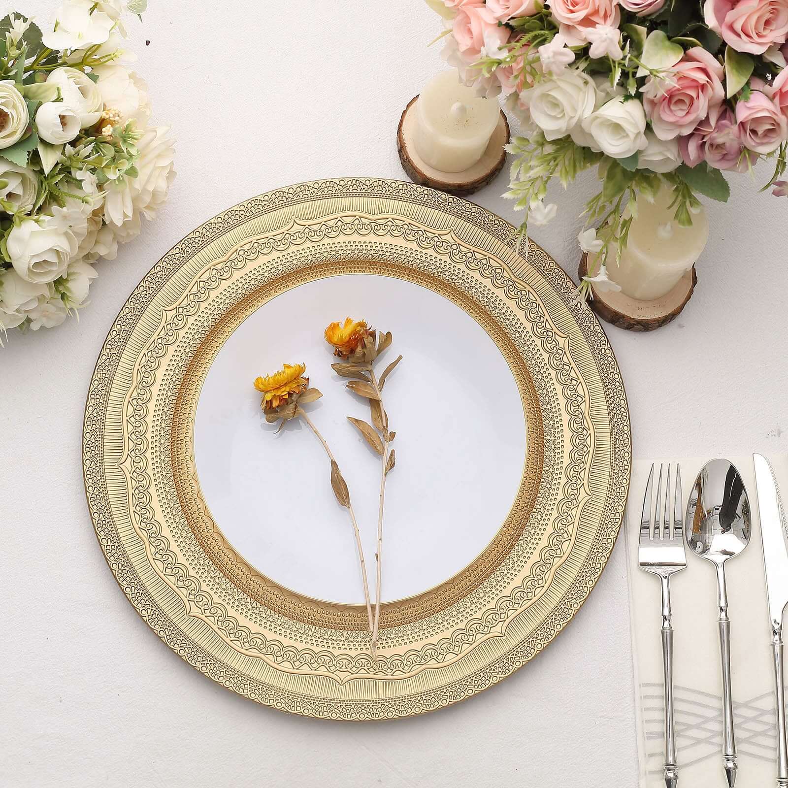 6-Pack Acrylic Charger Plates 13" Round Gold Lace Embossed Rim - Rustic Plastic Charger Tableware - Image 9