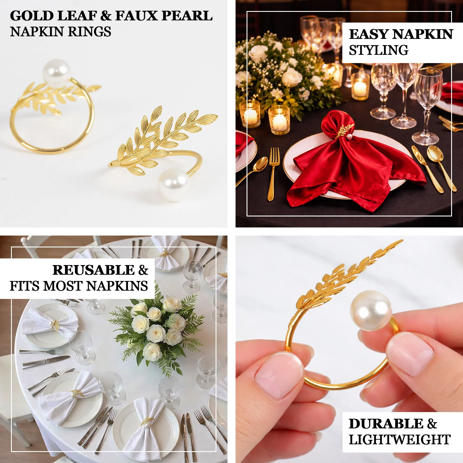 10 Pack Gold Leaf Napkin Rings with White Pearl Accent – Metal Wheat Leaf Napkin Holders for Wedding Table Décor - 1.5" - Image 4
