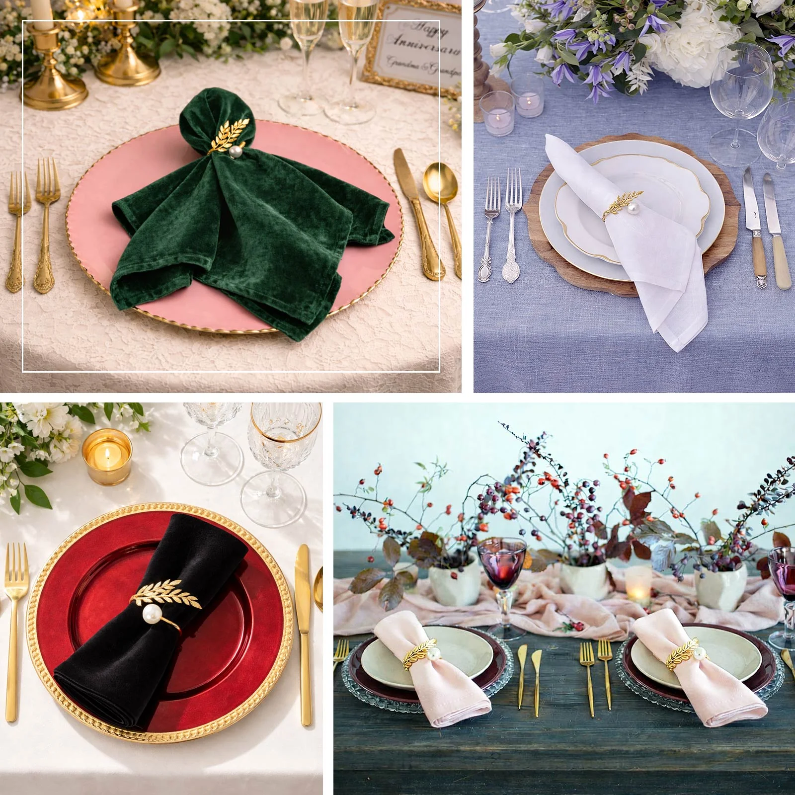 10 Pack Gold Leaf Napkin Rings with White Pearl Accent – Metal Wheat Leaf Napkin Holders for Wedding Table Décor - 1.5" - Image 5