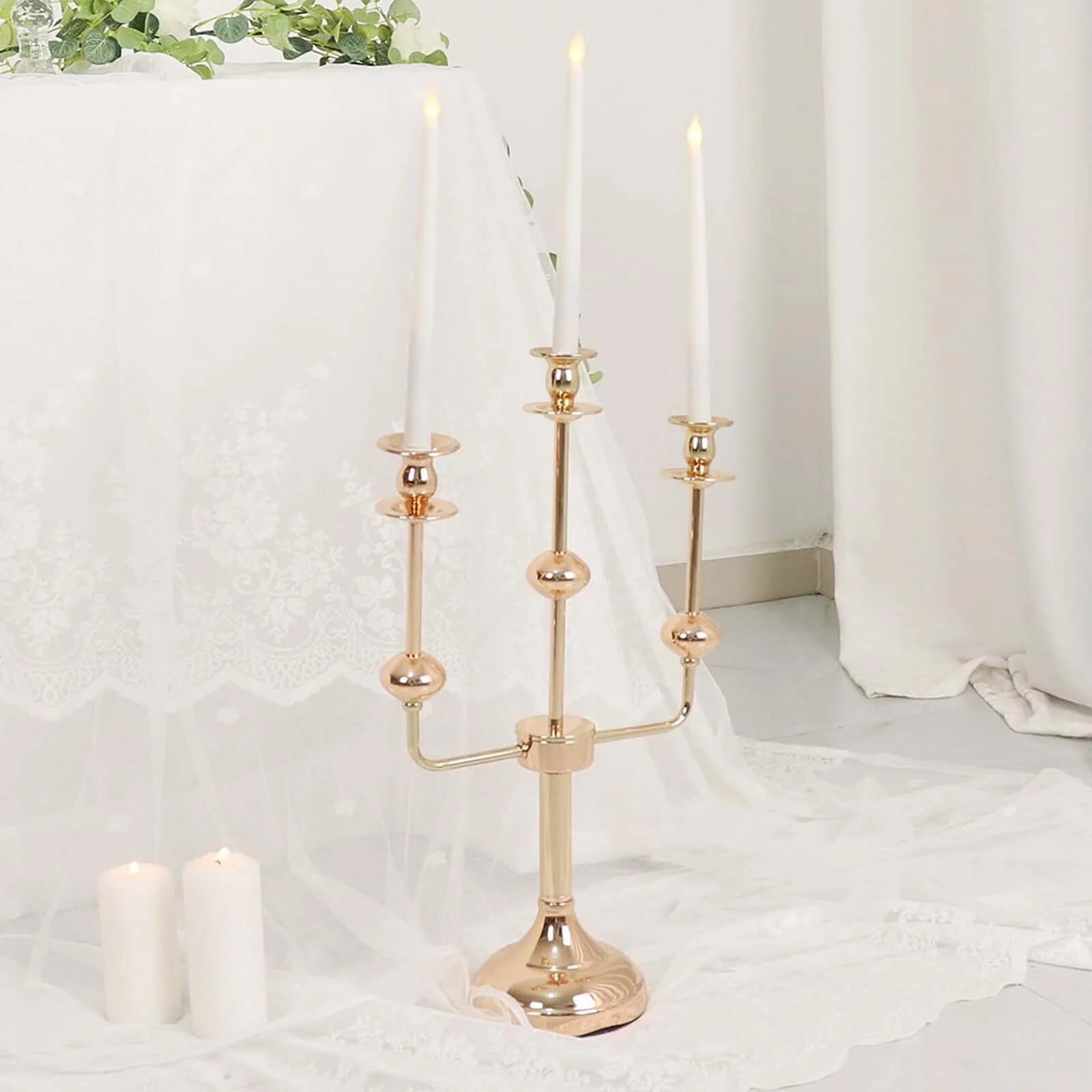 Gold Metal 3-Arm Candle Holder Table Centerpiece 20" Candelabra - Taper Candlestick Stand - Image 4