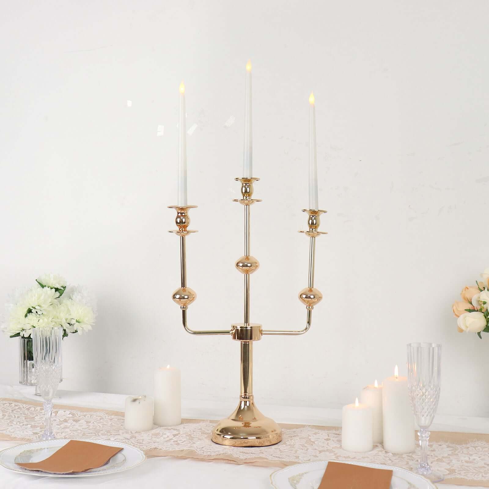 Gold Metal 3-Arm Candle Holder Table Centerpiece 20" Candelabra - Taper Candlestick Stand - Image 5